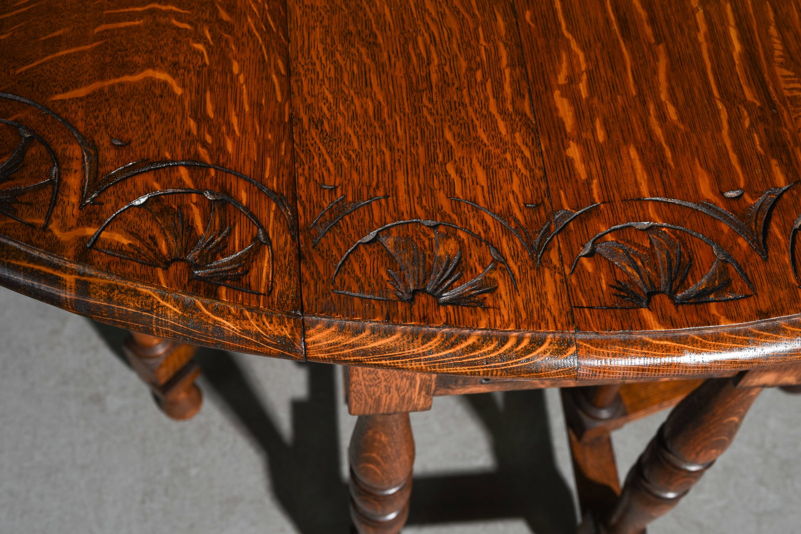 British Carved Oak Drop Leaf Table c.1930's - 4