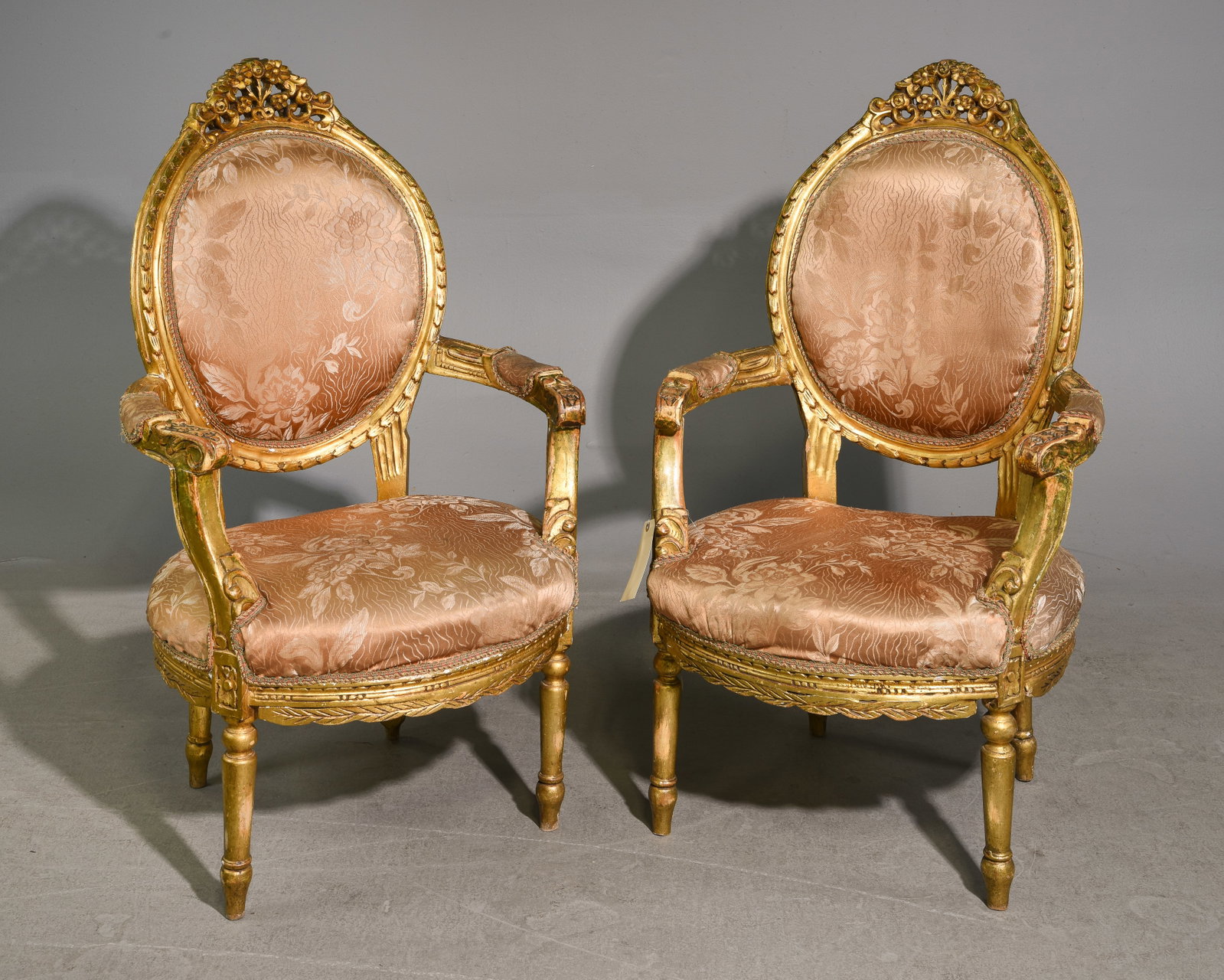 French Style Pair of Swedish Gold Arm Chairs: French Style Pair of Swedish Gold Arm Chairs - 44 in tall x 29 x 26 each with a seat height of 16 inches