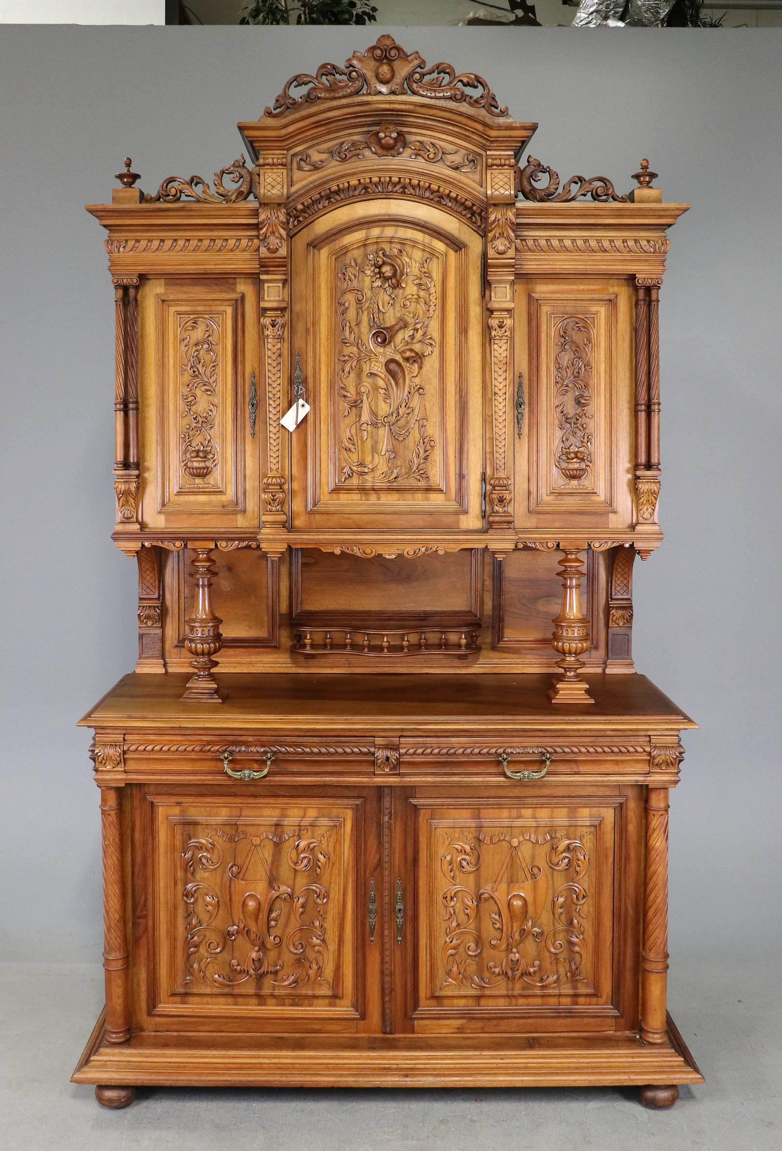French Carved Walnut Double Buffet: French Carved Walnut Double Buffet - 104 in tall x 59 x 22