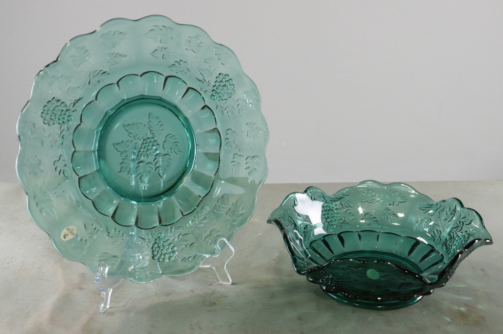 Fenton Blue Glass Ruffled Grape Bowl with Plate: Fenton Blue Glass Ruffled Grape Bowl with Plate - Bowl is 3.5 in tall x 10 inch diameter, Plate is 1 in tall x 12 inch diameter