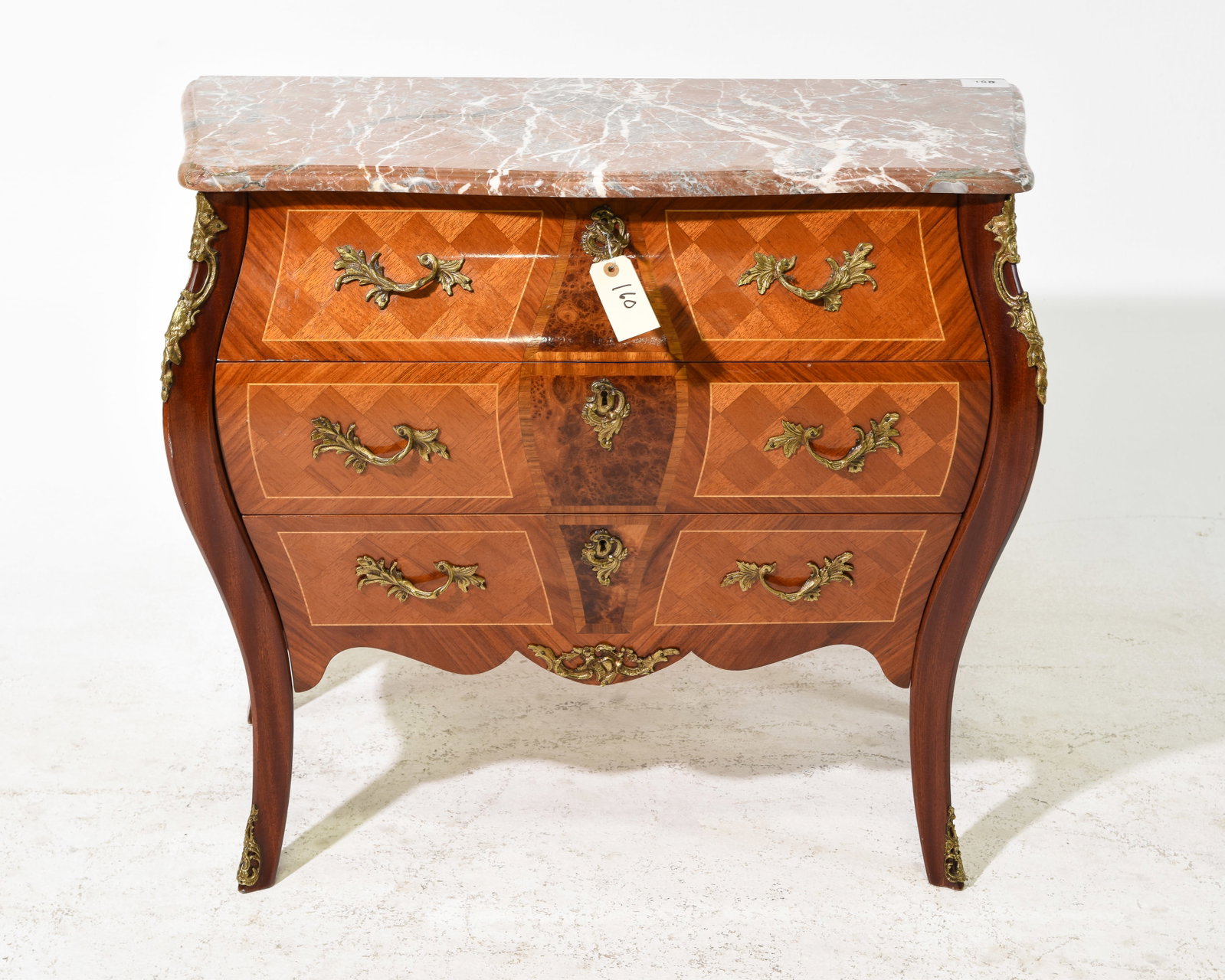 Swedish Marble Top Three Drawer Chest: Swedish Marble Top Three Drawer Chest / Bedside with Gilded Ormolu Accents - 30.5 in tall x 35.25 x 16.75