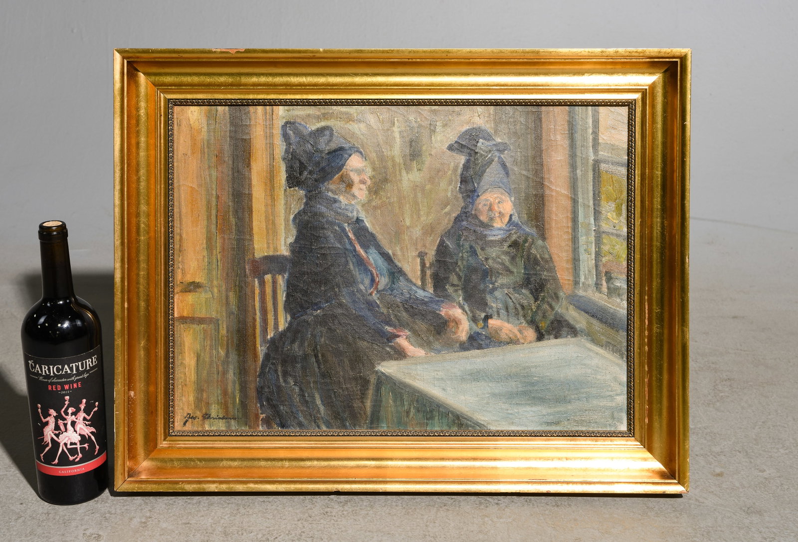 Danish Gold Framed Oil on Canvas - Two Women: Danish Gold Framed Oil on Canvas - Two women seated in conversation - 18.5 in tall x 23.75 x 2.25, The work itself is 14.25 x 19.75