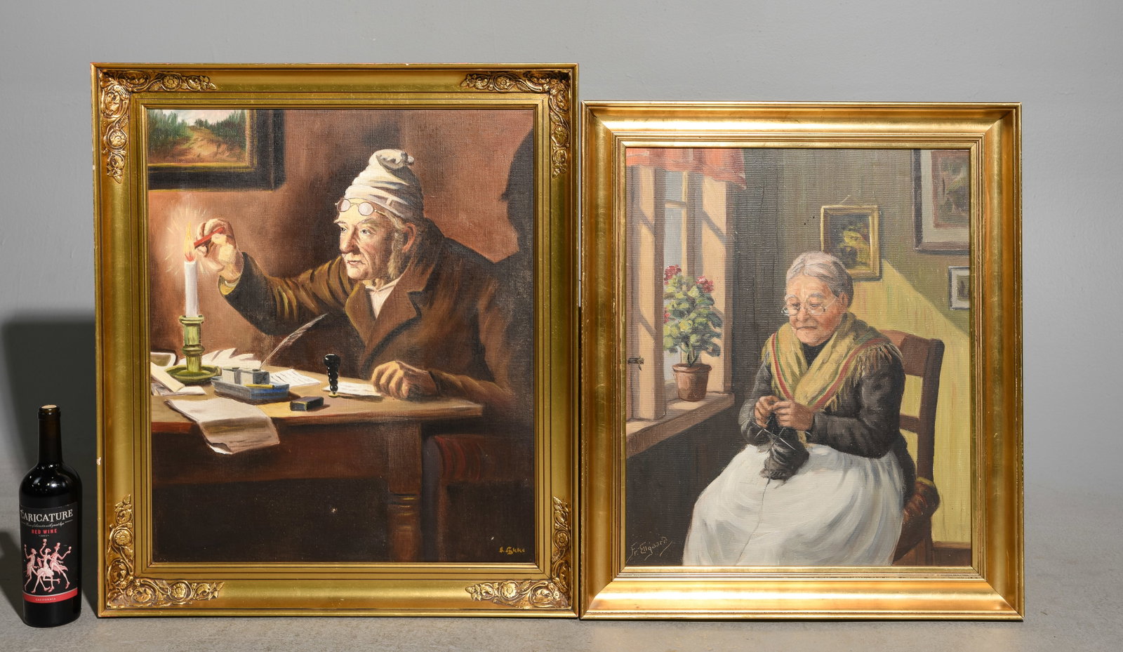 2pcs Danish Oil on Canvas Art - Elderly Couple: 2pcs Danish Oil on Canvas Art - Elderly Couple - Woman knitting and man writing a letter - 28.5 in tall x 24.25 x 2.5, the work itself is 24 x 20 and the other is 30.25 in tall x 26.25 x 2.5, the work