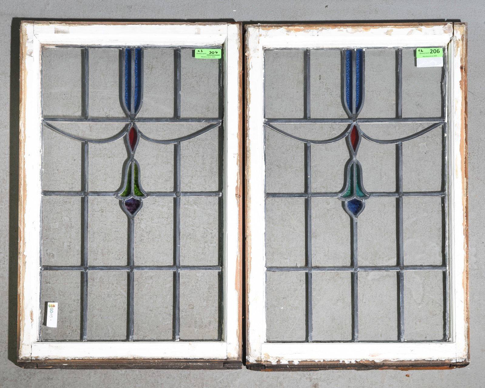 2 Large British Stained Leaded Glass Windows: 2 Large British Stained Leaded Glass Windows - 36.5 in tall x 22 x 2