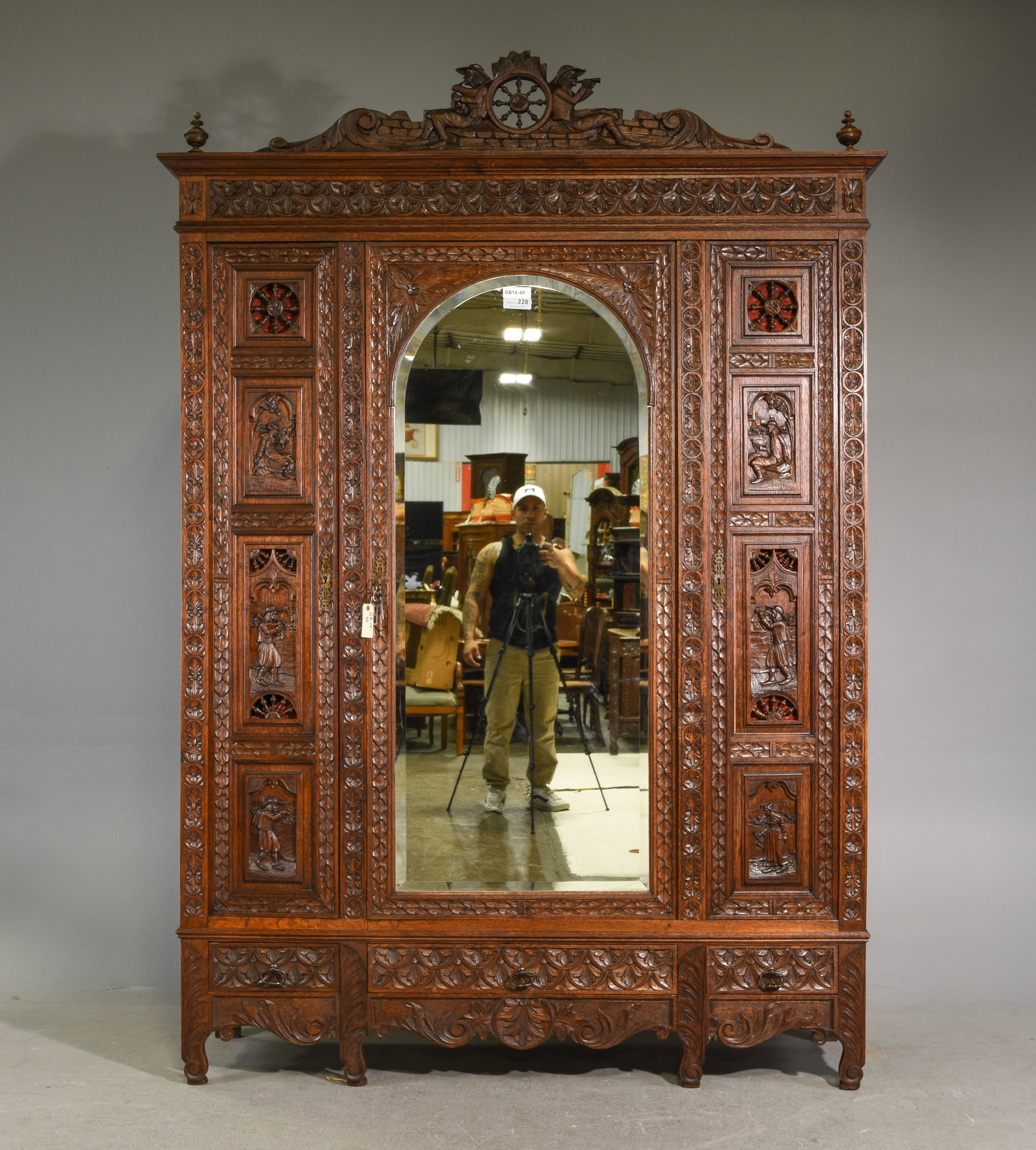 French Breton Style Carved Oak Triple Door Armoire: French Breton Style Carved Oak Triple Door Armoire - 100 in tall x 69 x 20