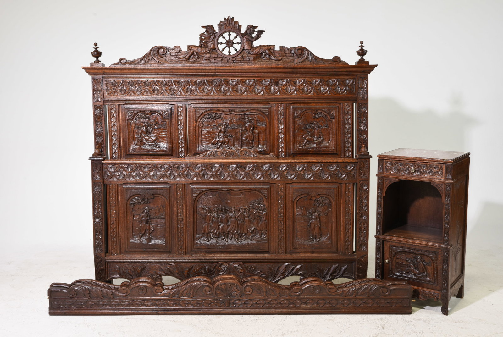 Breton Style Carved Oak Bed with Rails & Nightstand: French Breton Style Carved Oak Bed with Rails & Inset Marble Top Nightstand - Headboard is 62 in tall x 63.25 x 3, Rails are 76 inches long each, Nightstand is 32.5 in tall x 16 x 13.5 - This bed is a