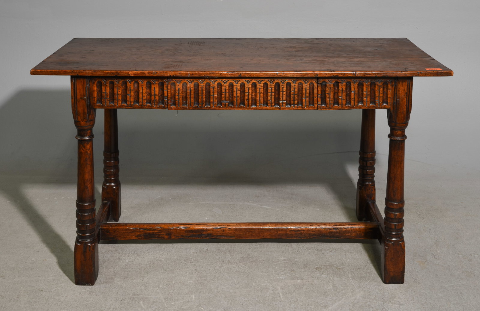 British Oak Single Drawer Writing / Hall Table: British Oak Single Drawer Writing / Hall Table c.1920's-30's - 30 in tall x 54 x 23.75, Floor to under is 25 inches and the space between the legs is 39.5 inches