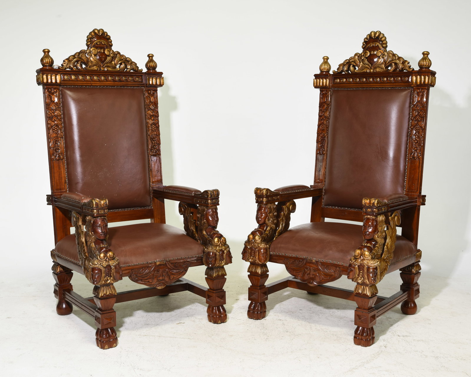 2 Empire Style Mahogany Throne Chairs: 2 Empire Style Mahogany Throne Chairs with Gold Accents - 69 in tall x 35 x 31 each with a seat height of 21 inches each
