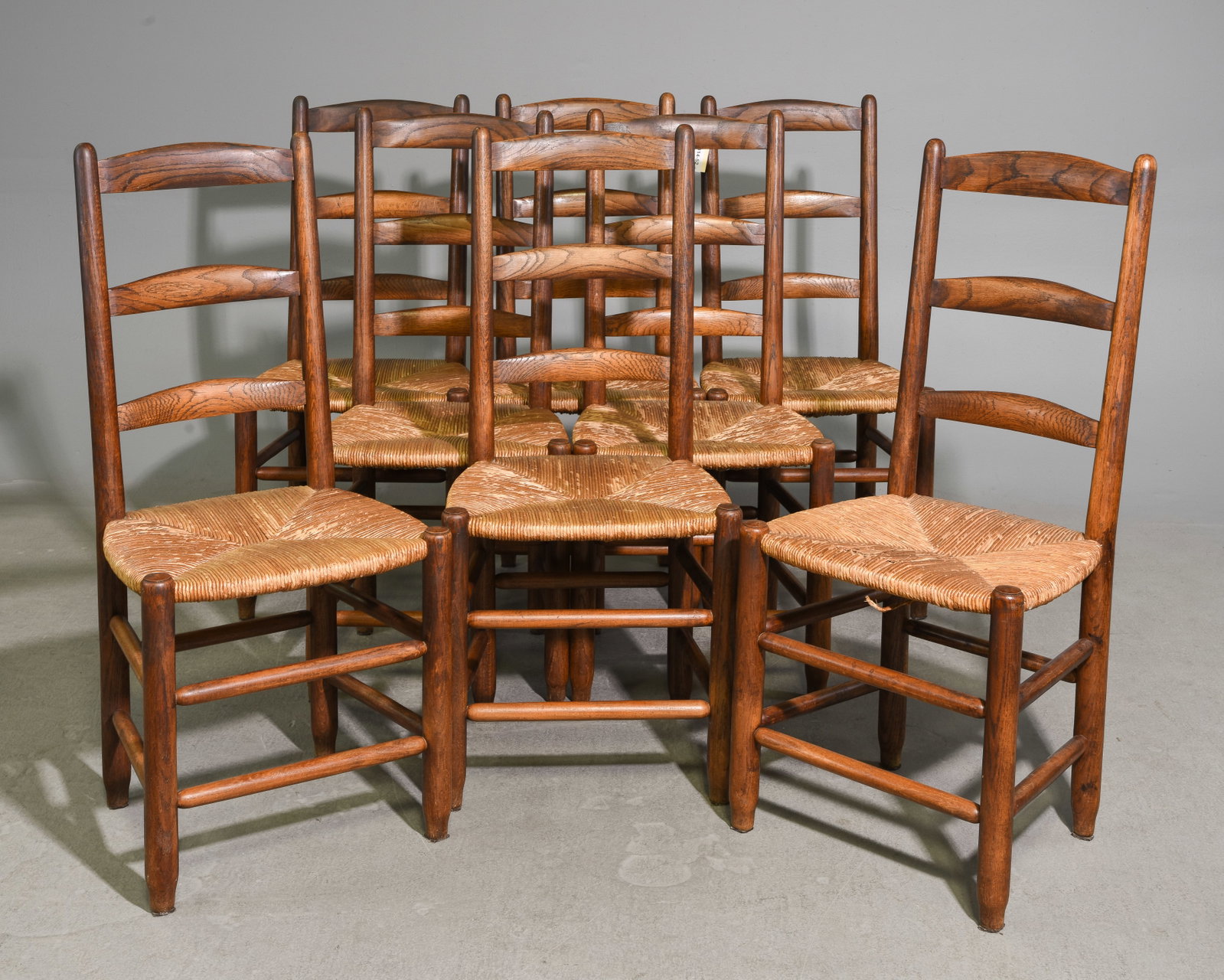 French Set of 8 Rustic Oak Rush Seat Chairs: French Set of 8 Rustic Oak Rush Seat Chairs - 40 in tall x 18 x 18 each with a seat height of 18 inches