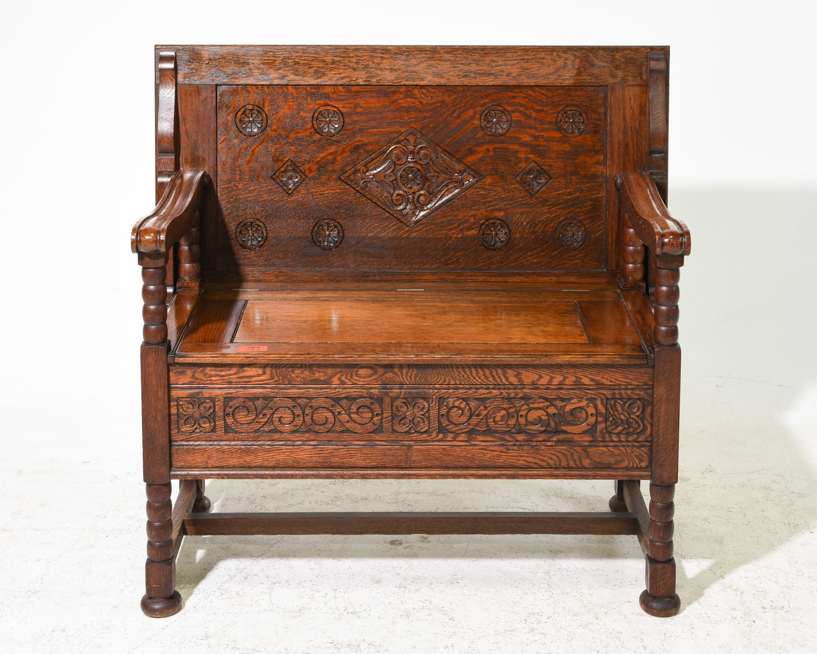 British Carved Oak Monks Bench c.1930's (1 of 7)