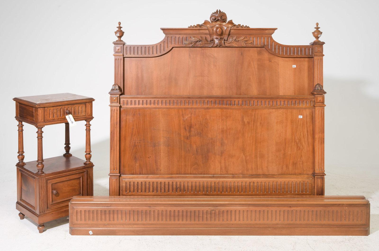 Louis XVI Style Bed with Rails & Nightstand: French Louis XVI Style Walnut Bed with Rails & Inset Marble Top Nightstand - Headboard is 56 in tall x 57.5 x 3.5, Rails are 73 inches long each, Nightstand is 32.5 in tall x 16.5 x 15 - This bed is a