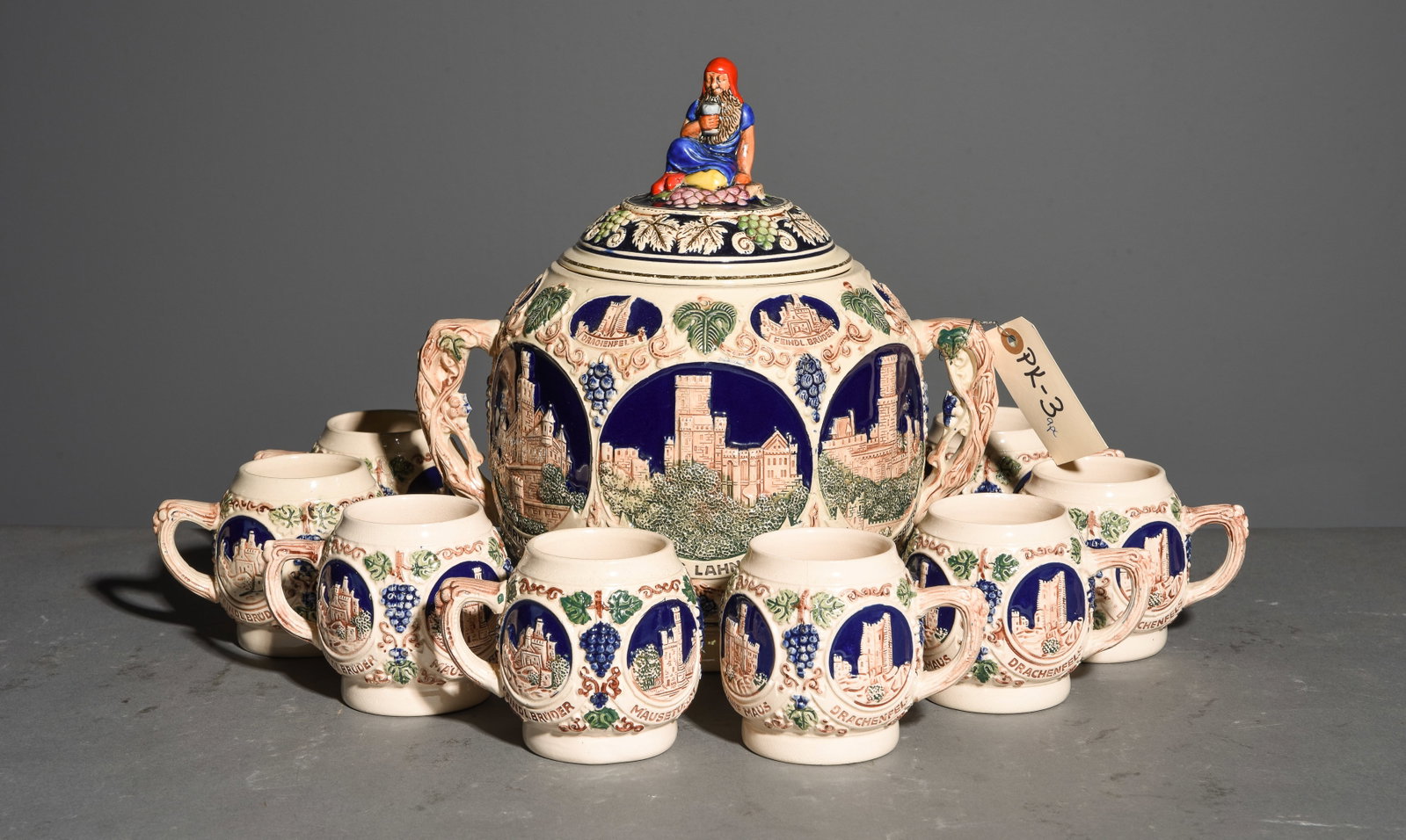 9pc German Punch Set - Tureen & 8 Cups: 9pc German Punch Set - Tureen & 8 Cups - Tureen is 11 in tall x 12.5 x 9, Cups are 4 in tall x 5 x 4