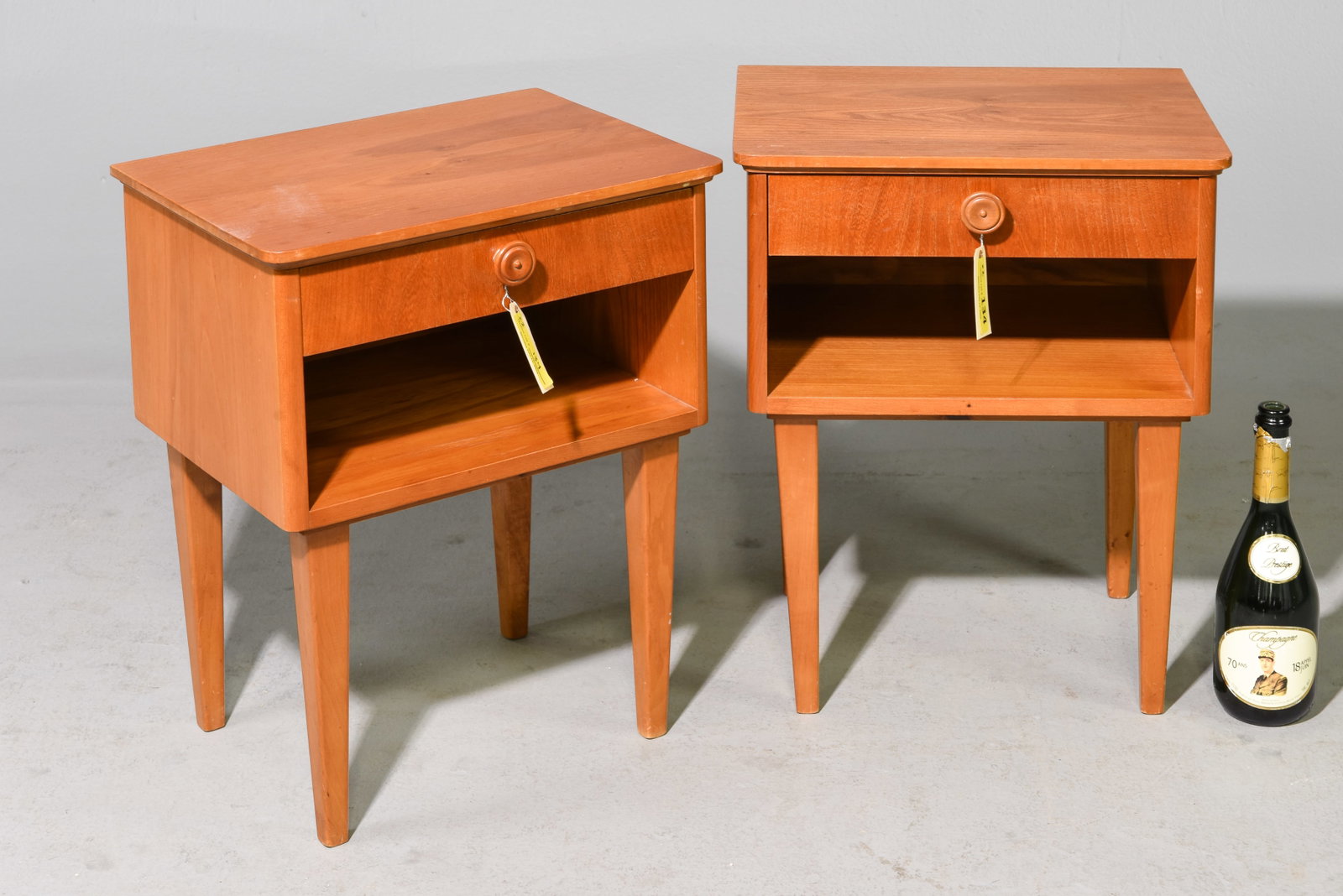 Mid Century Modern Pair of Nightstands: Danish Modern Style Pair of Single Drawer Nightstands / Occasional Tables - 22 in tall x 17.5 x 13.75 each