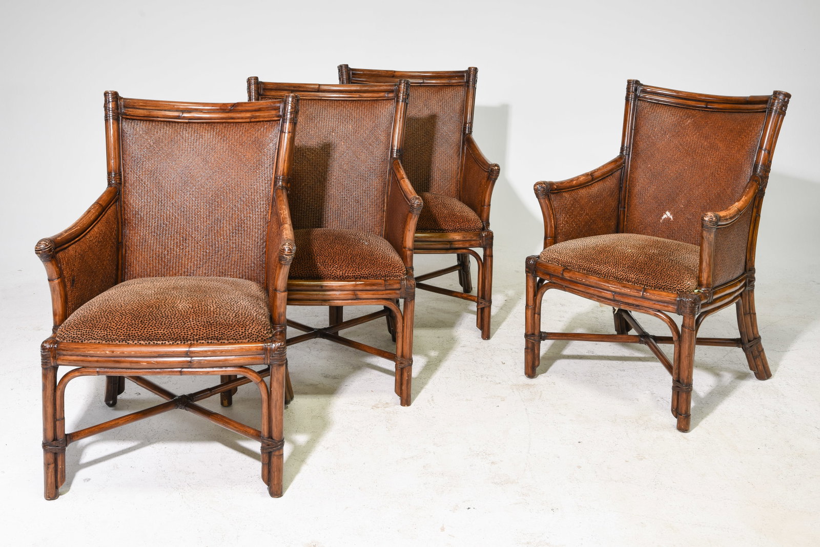1970's Set of Four Bamboo & Ratan Arm Chairs: 1970's Set of Four Bamboo & Ratan Arm Chairs with Velvet Upholstered Seat - 37 in tall x 23 x 26.5 each with a seat height of 18 inches