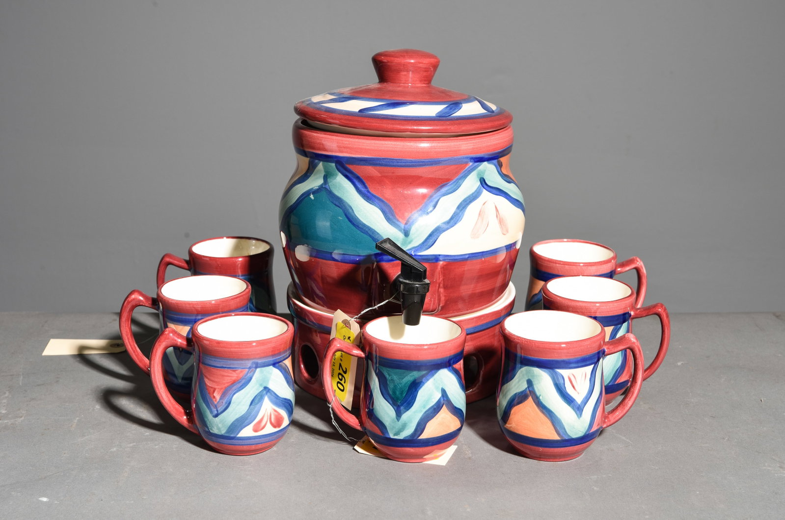 8pc Gail Pittman Hand Painted "Red Azalea" Drink Set: 8pc Gail Pittman Hand Painted "Red Azalea" Drink Set - Dispenser is 12.5 in tall x 11 x 8.5 and the cups are 4.5 in tall x 5 x 3