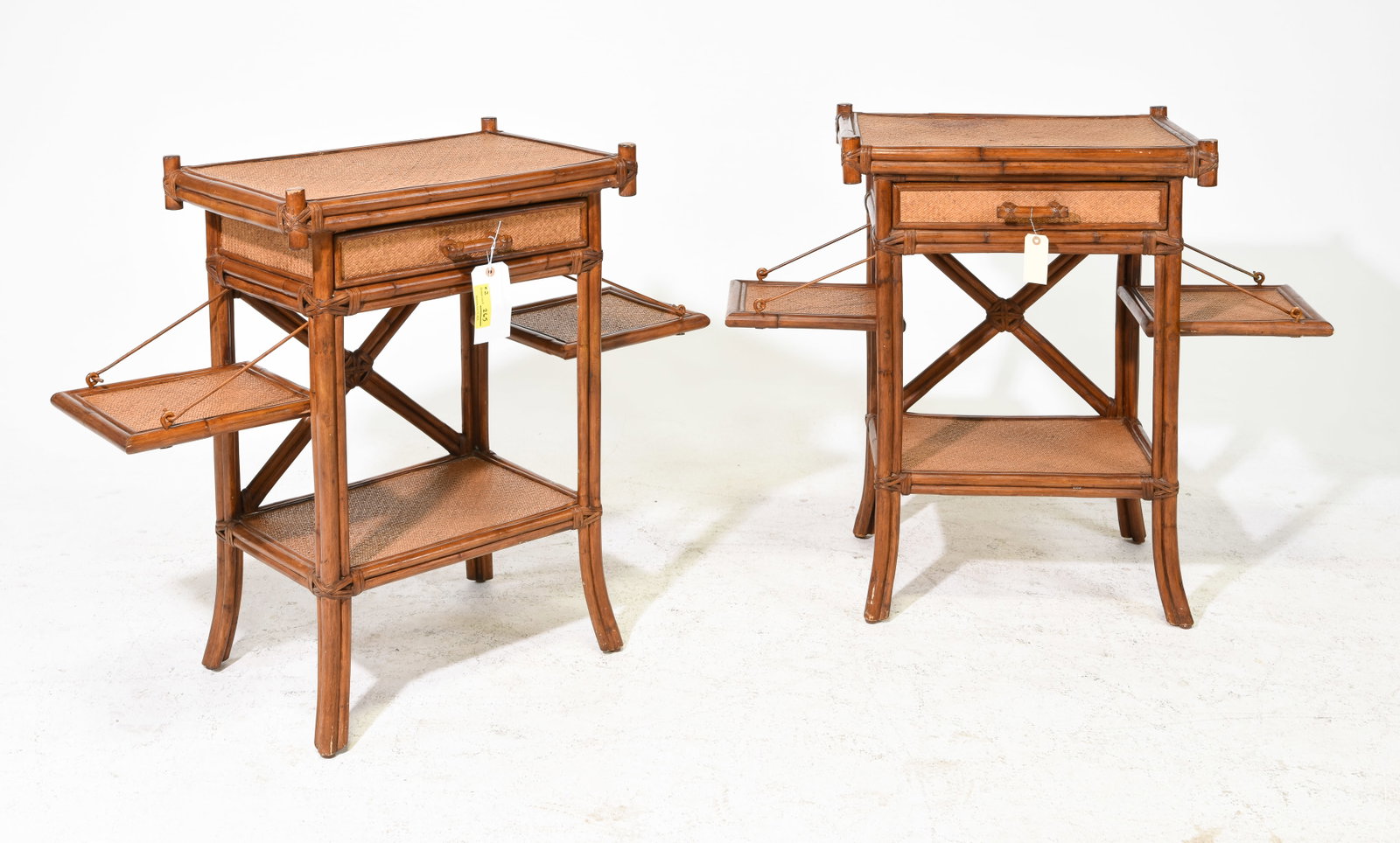 Bamboo & Rattan Pair of Single Drawer Side Tables: Bamboo & Rattan Pair of Single Drawer Side Tables with Fold Out Trays - 32.5 in tall x 24.25 x 16.25 each