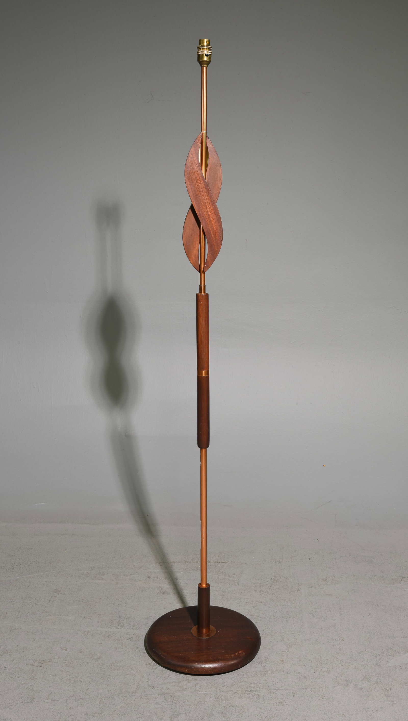 Mid Century Modern Floor Lamp: Danish Modern Style Teak & Copper Finished Metal Floor Lamp - 65.5 in tall x 11 inch diameter at the base