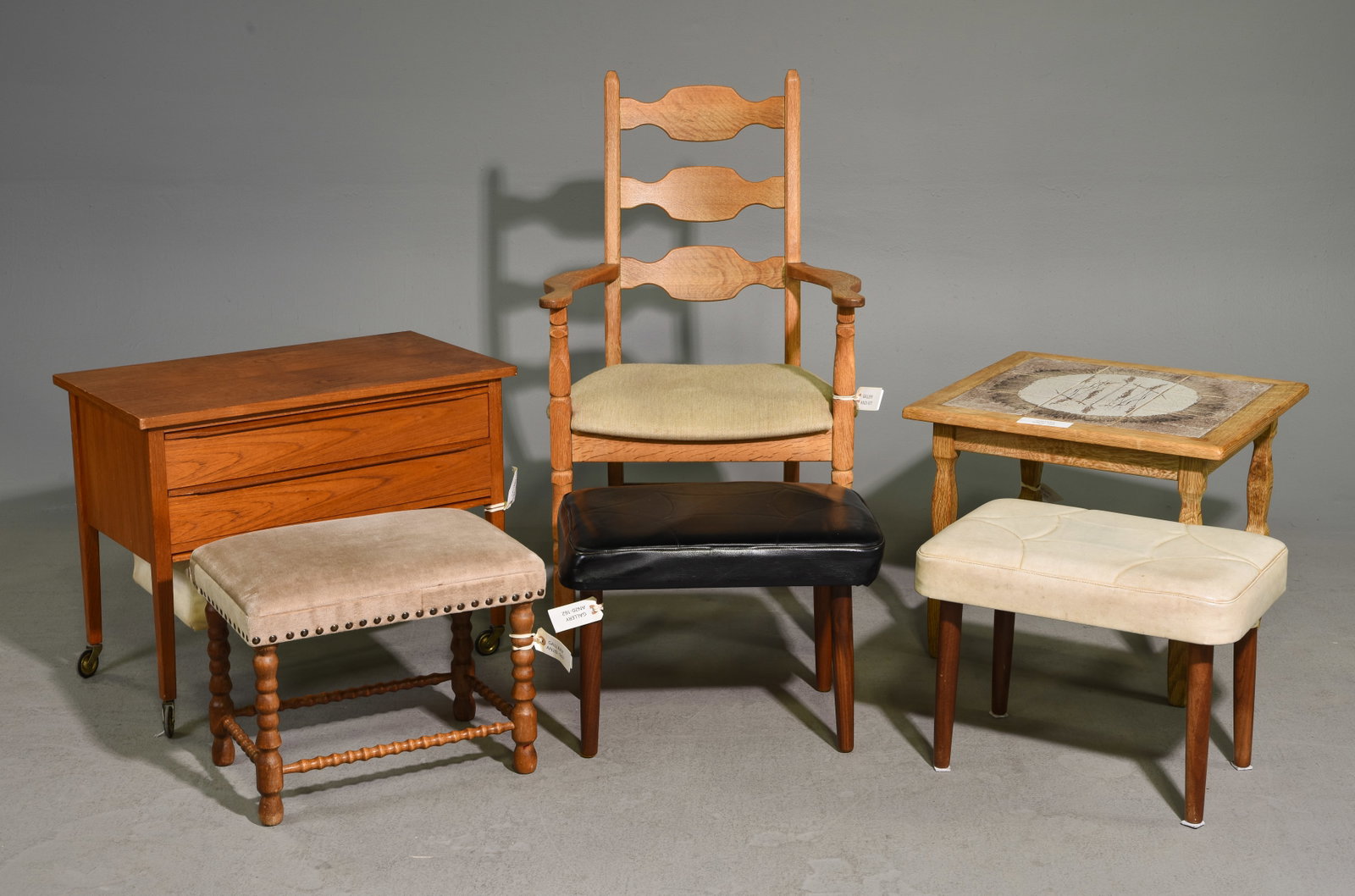 6pcs - Danish Oak Arm Chair, Stools, Etc. (1 of 7)