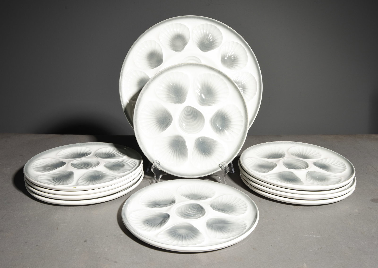 11pc French Scallop Plate Set - Platter & 10 Plates: 11pc French Scallop Plate Set - Platter & 10 Plates - Platter is 1 in tall x 13 inch diameter and the plates are 1 in tall x 9.75 inch diameter
