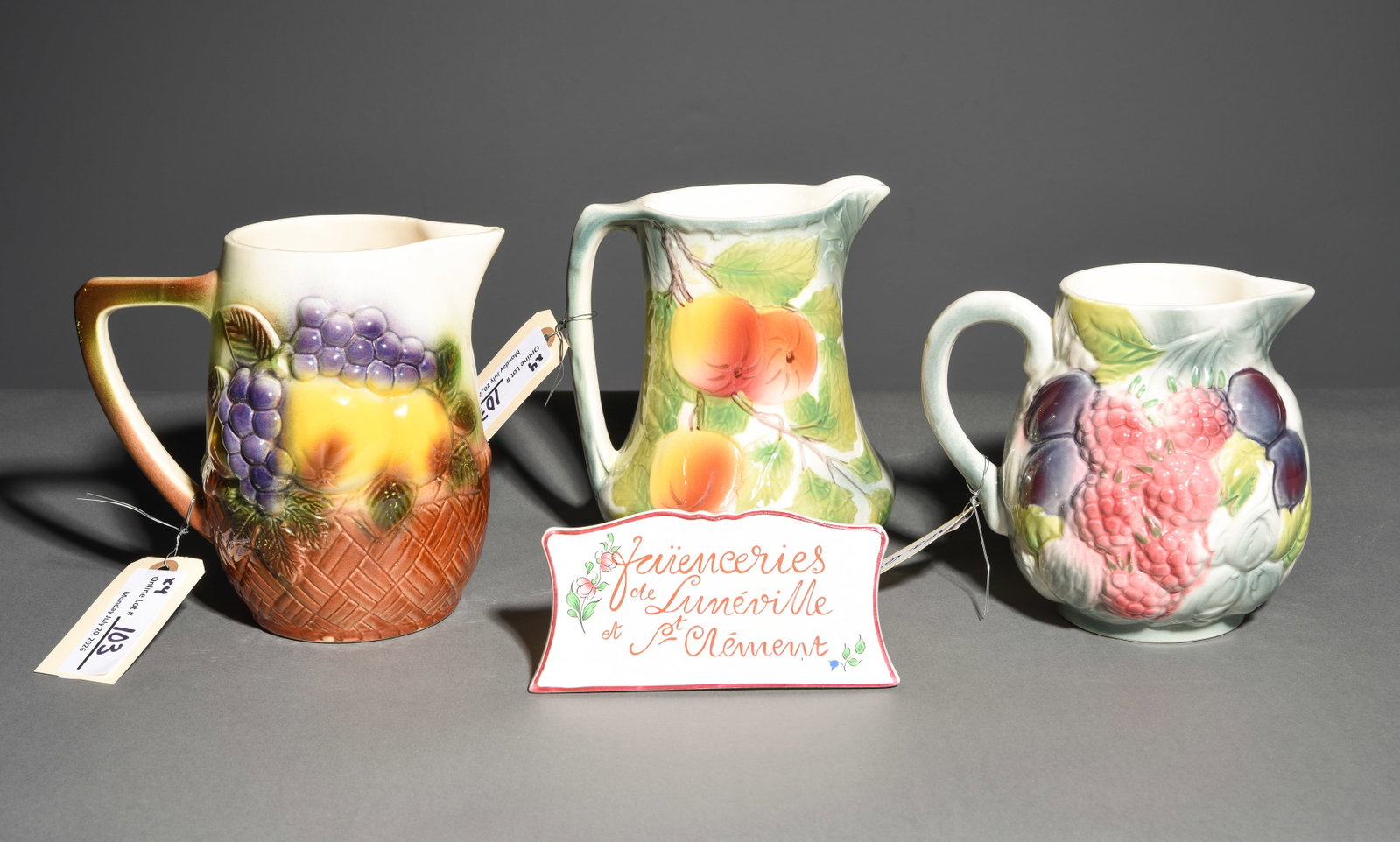 3 Assorted French Majolica Pitchers & Sign (1 of 6)