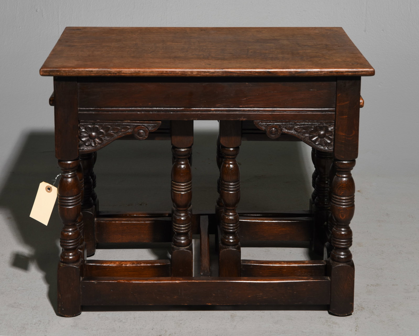 British Oak Nest of Three Tables #1: British Oak Nest of Three Tables - 19.75 in tall x 24 x 14.5 and the two smaller are 16.5 in tall x 10.75 x 11.25 each