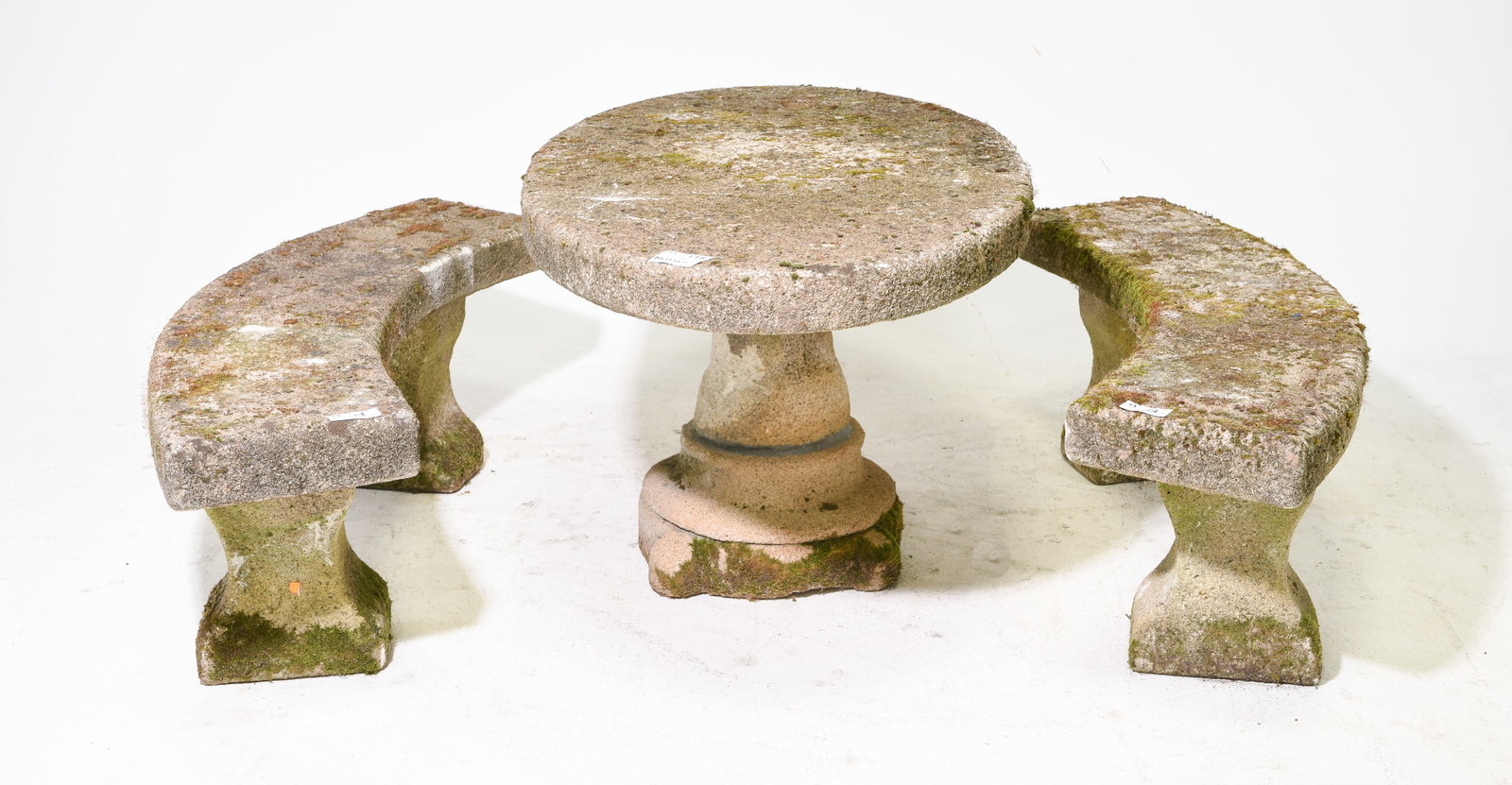 Cast Stone / Concrete Garden Table & 2 Benches: Cast Stone / Concrete Oval Garden Table & 2 Benches - Table is 26.5 in tall x 59 x 31.5, Floor to under is 23.5 inches, Benches are 18 in tall x 58 x 18 each