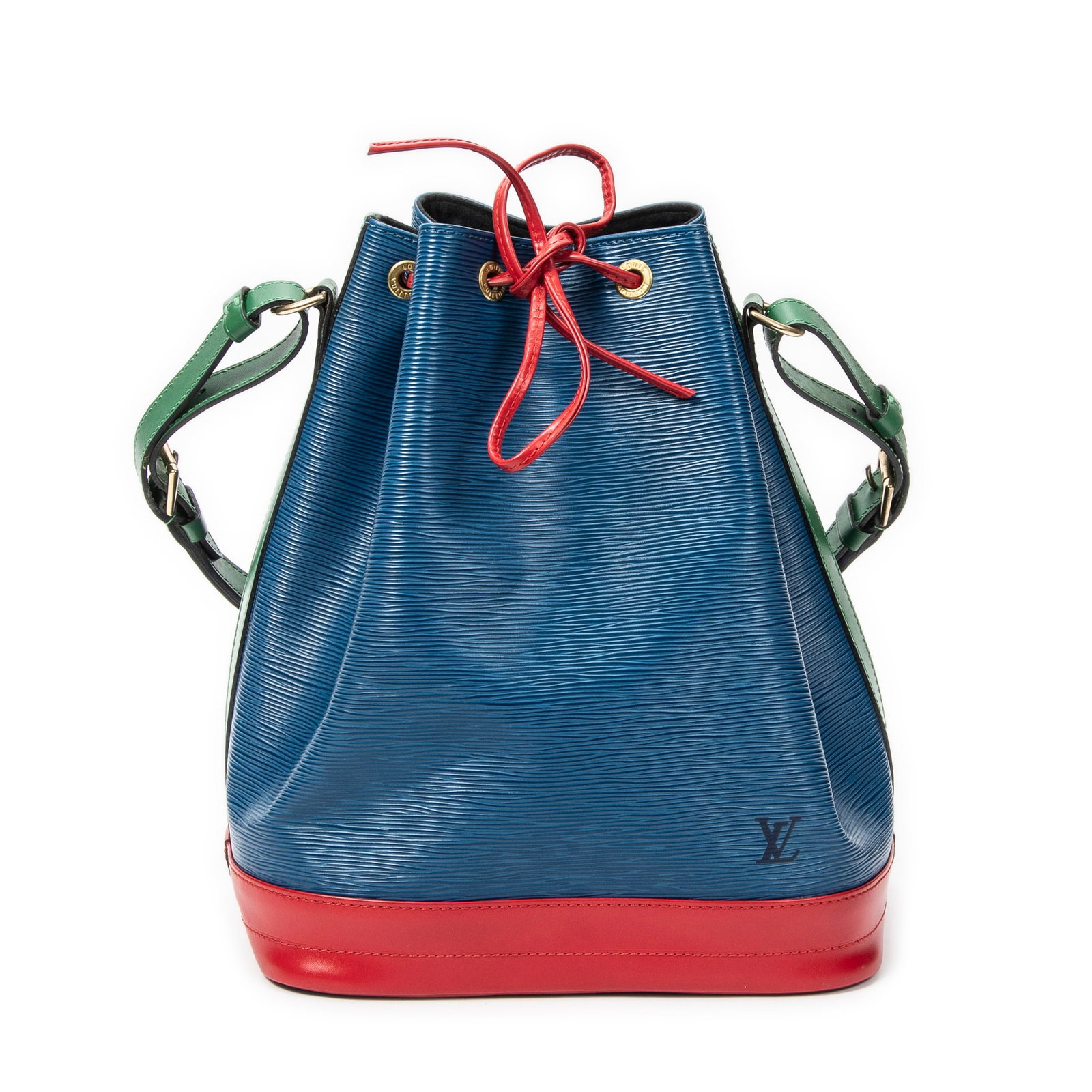 Louis Vuitton Noe Tricolor GM in Blue/Red/Green Epi: Genuine Pre-Owned Louis Vuitton Noe Tricolor GM in Blue/Red/Green Epi made in France in A condition. Date Code is AR1914 (November 1994) Measurements: 27*34*16cm (Length * Height * Width). This lot in