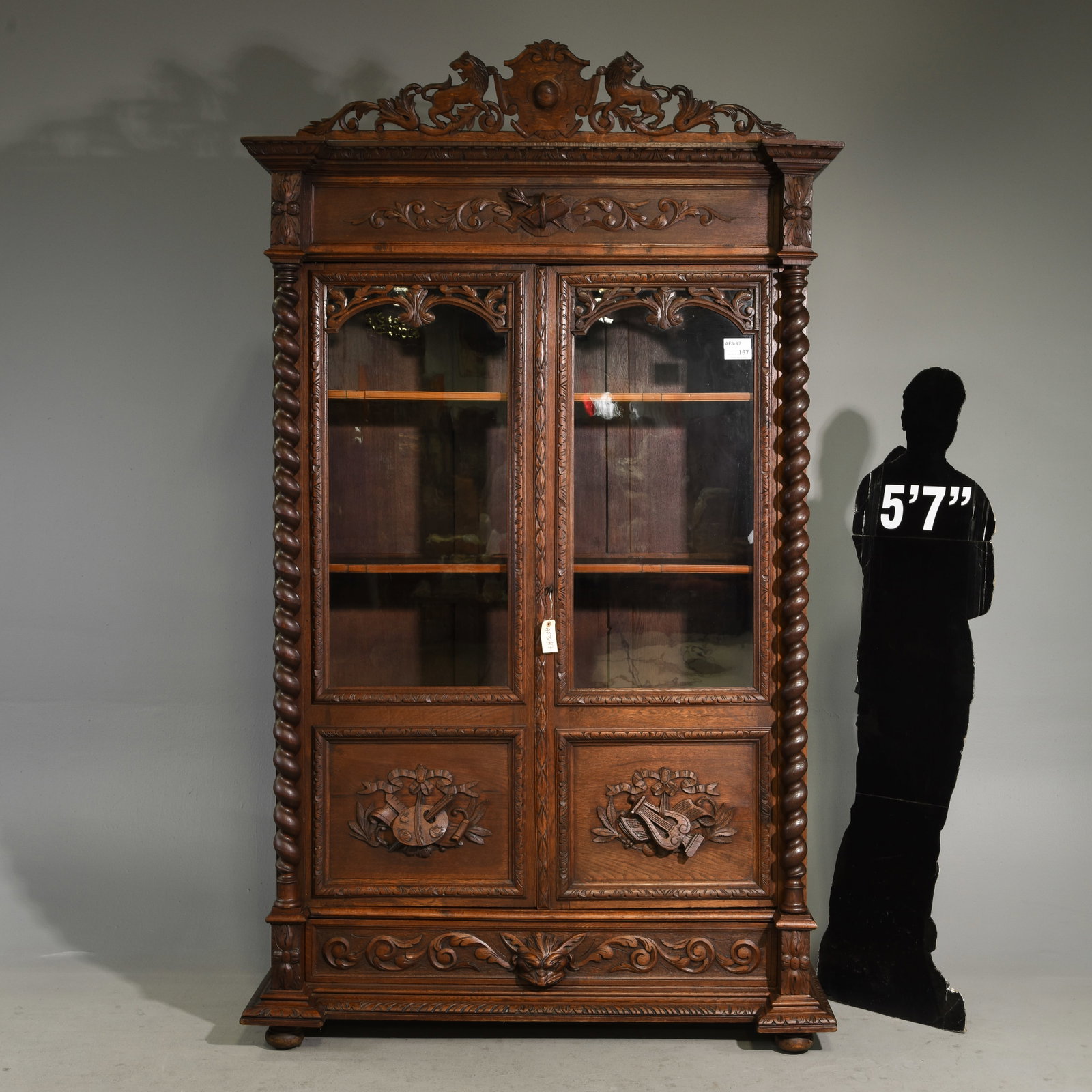 Louis XIII Style Carved Oak French Twist Cupboard: French Louis XIII Style Carved Oak French Twist Cupboard / Bookcase - 95.25 in tall x 56 x 21, This is 86.5 inches tall with out the central carving
