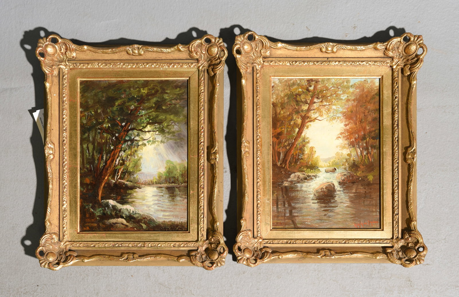 2 Gold Framed Oil on Board Landscapes: 2 Gold Framed Oil on Board Landscapes - 19.25 in tall x 15.5 x 3 each, The works are 15 inches tall by 11.25 inches wide each
