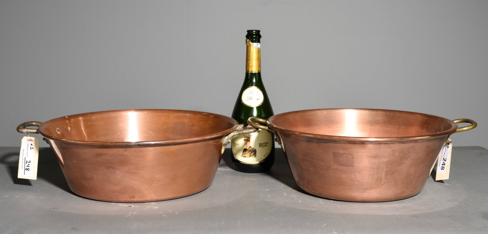 2 French Polished Copper Jam Pans: 2 French Polished Copper Jam Pans - 5 in tall x 18.5 x 15 and 5.25 in tall x 17.25 x 14.25