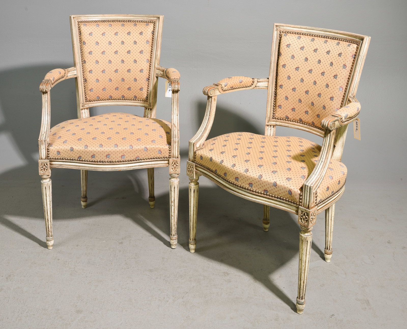 Louis XVI Style Pair of Painted Arm Chairs: French Louis XVI Style Pair of Painted Arm Chairs - 36.5 in tall x 23 x 19 each with a seat height of 19 inches