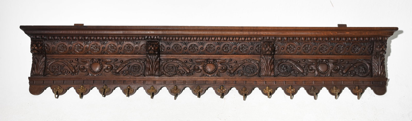 Renaissance Style Large Oak Wall Shelf with Hooks (1 of 5)