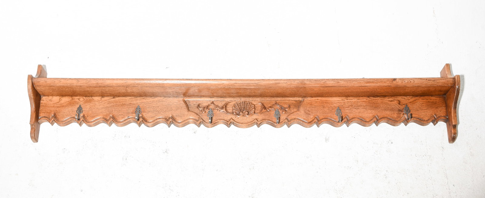 French Oak Long Wall Shelf with Hooks #1: French Oak Long Wall Shelf with Hooks - 12.5 in tall x 78.5 x 5