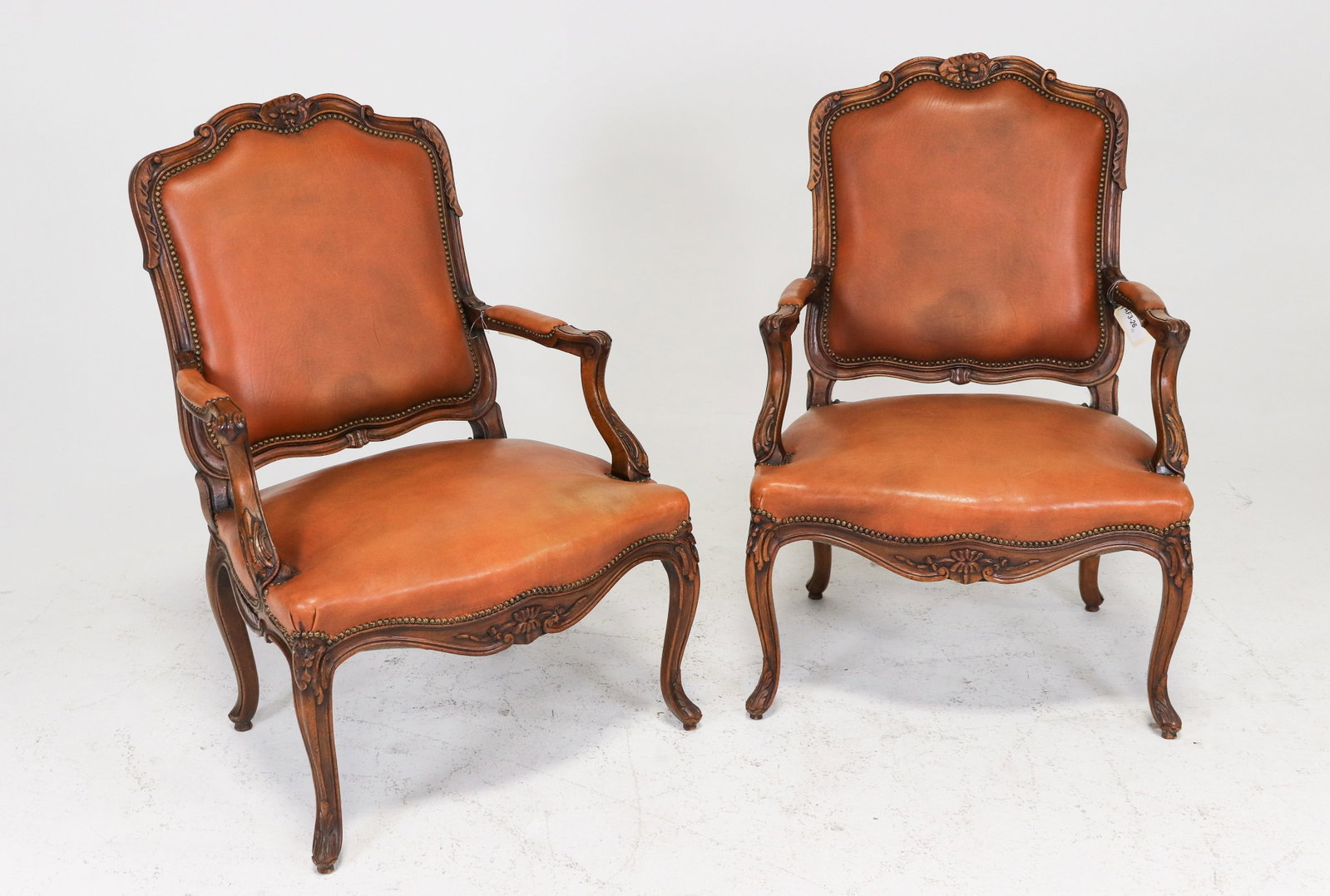 Louis XV Style Pair of Leather Upholstered Arm Chairs (1 of 5)