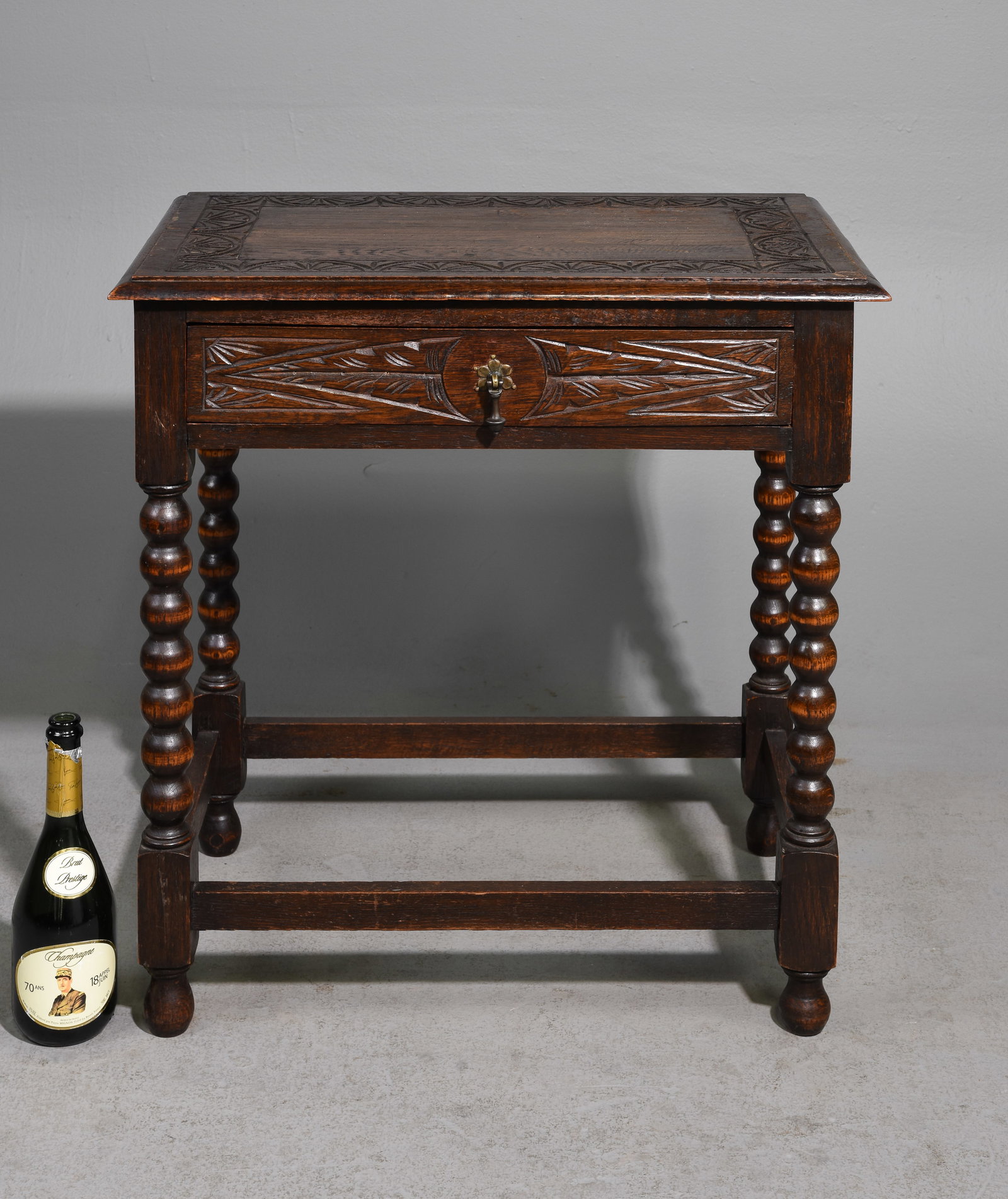 British Carved Oak Bobbin Turned Single Drawer Table: British Carved Oak Bobbin Turned Single Drawer Table - 28 in tall x 27 x 17.5