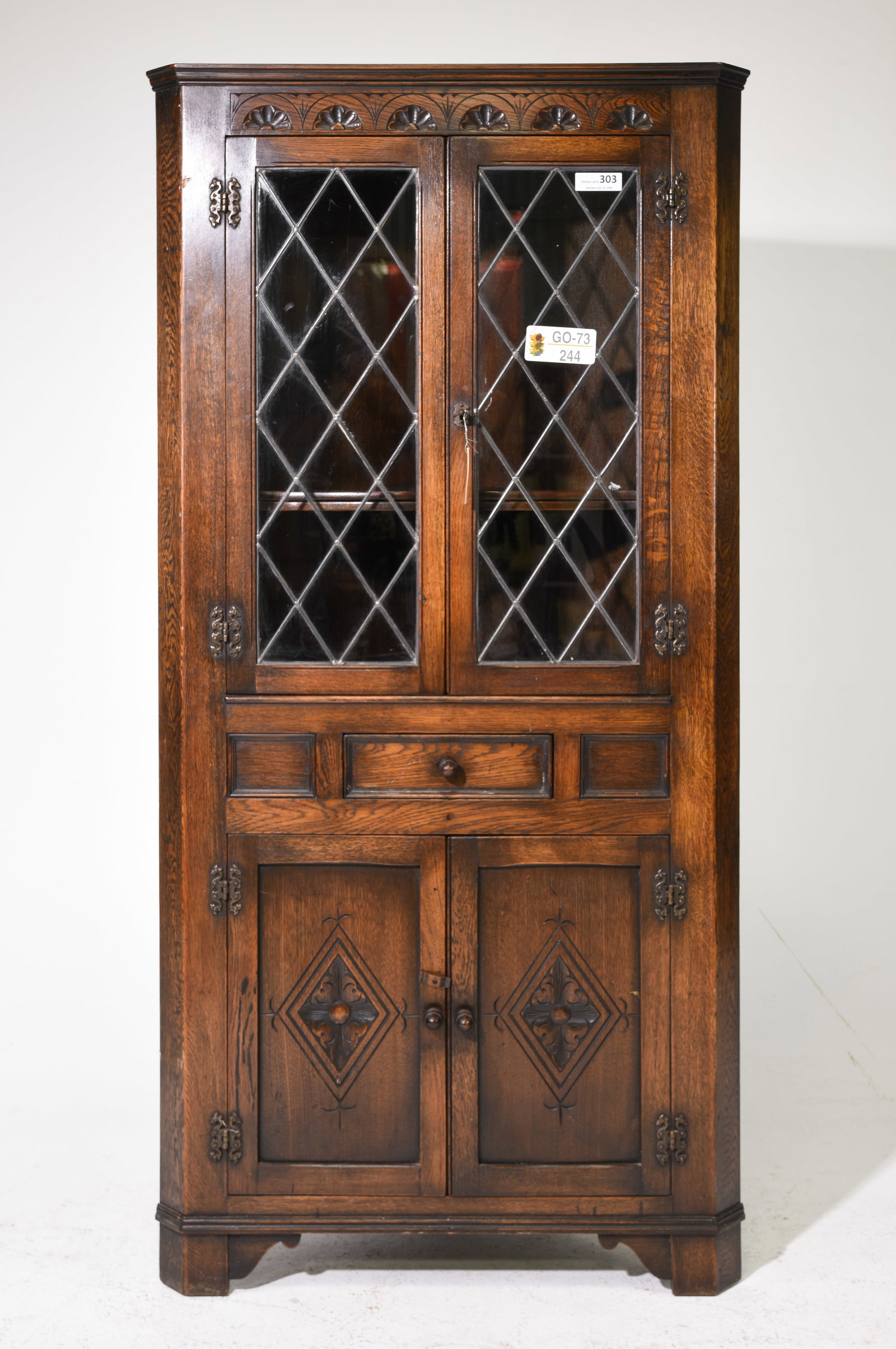 British Oak Double Leaded Glass Door Corner Cabinet #1 (1 of 3)