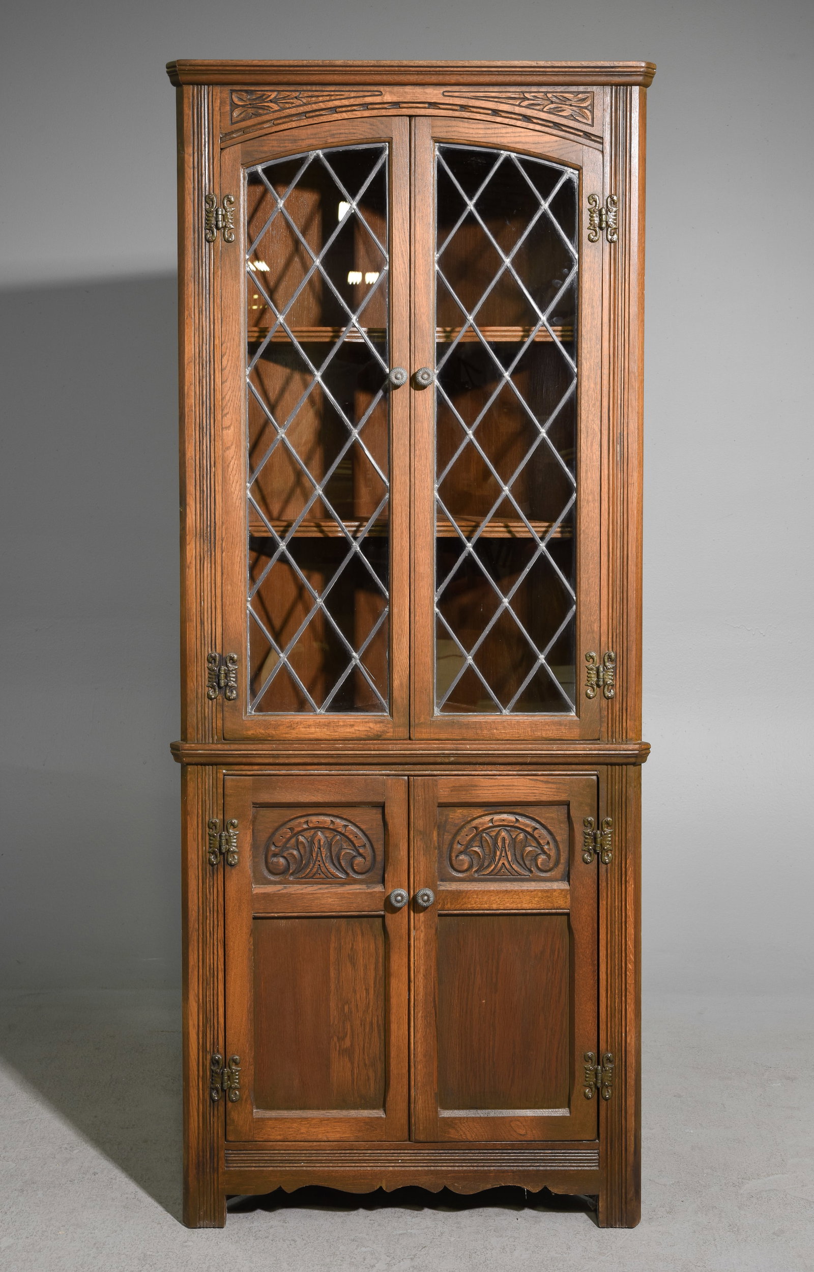 British Oak Double Leaded Glass Door Corner Cabinet #2 (1 of 3)