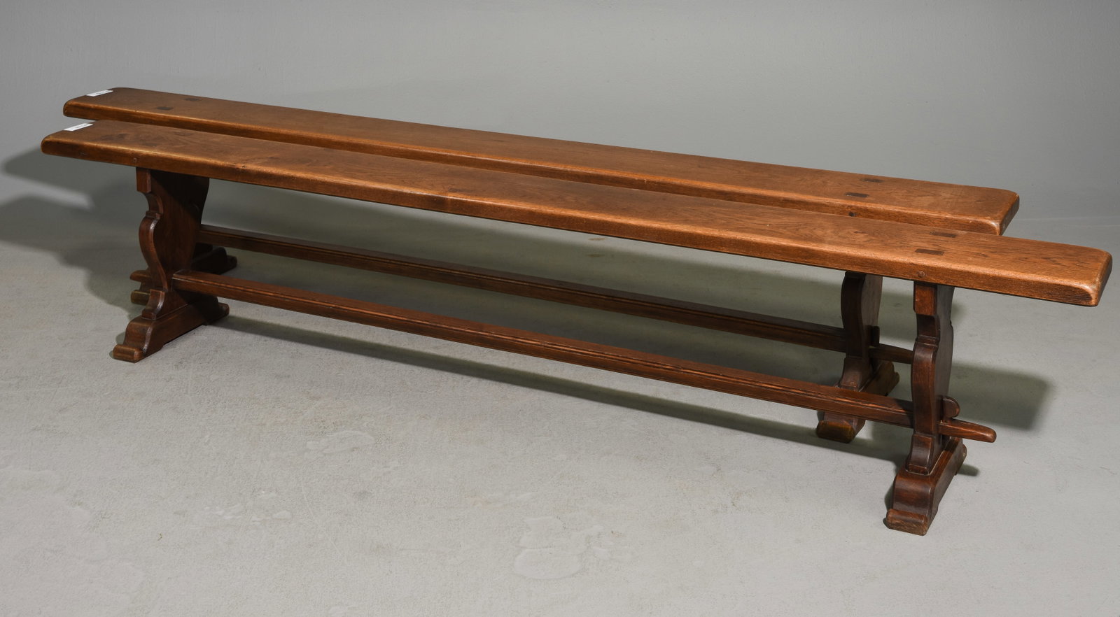 2 French Long Oak Trestle Base Farmhouse Benches: 2 French Long Oak Trestle Base Farmhouse Benches - 17.5 in tall x 86.5 x 7.75 each