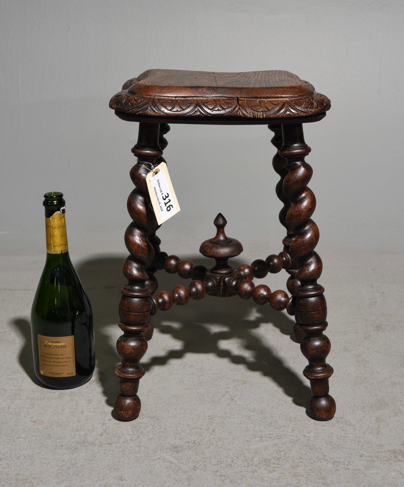 Louis XIII Style French Twist Joint Stool: French Louis XIII Style French Twist Oak Joint Stool - 18 in tall x 12 x 12