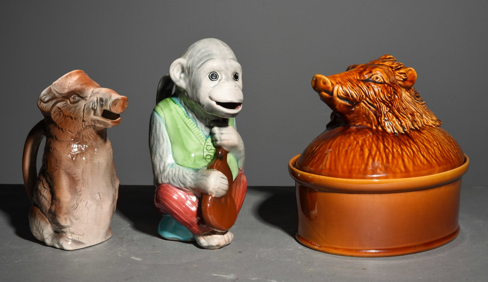 2 French Majolica Pitchers & 1 Tureen: 2 French Majolica Pitchers & 1 Tureen - Tureen is 9.5 in tall x 11.5 x 8.5, The pitchers are 9 in tall x 8 x 4 and 10.5 in tall x 7 x 5