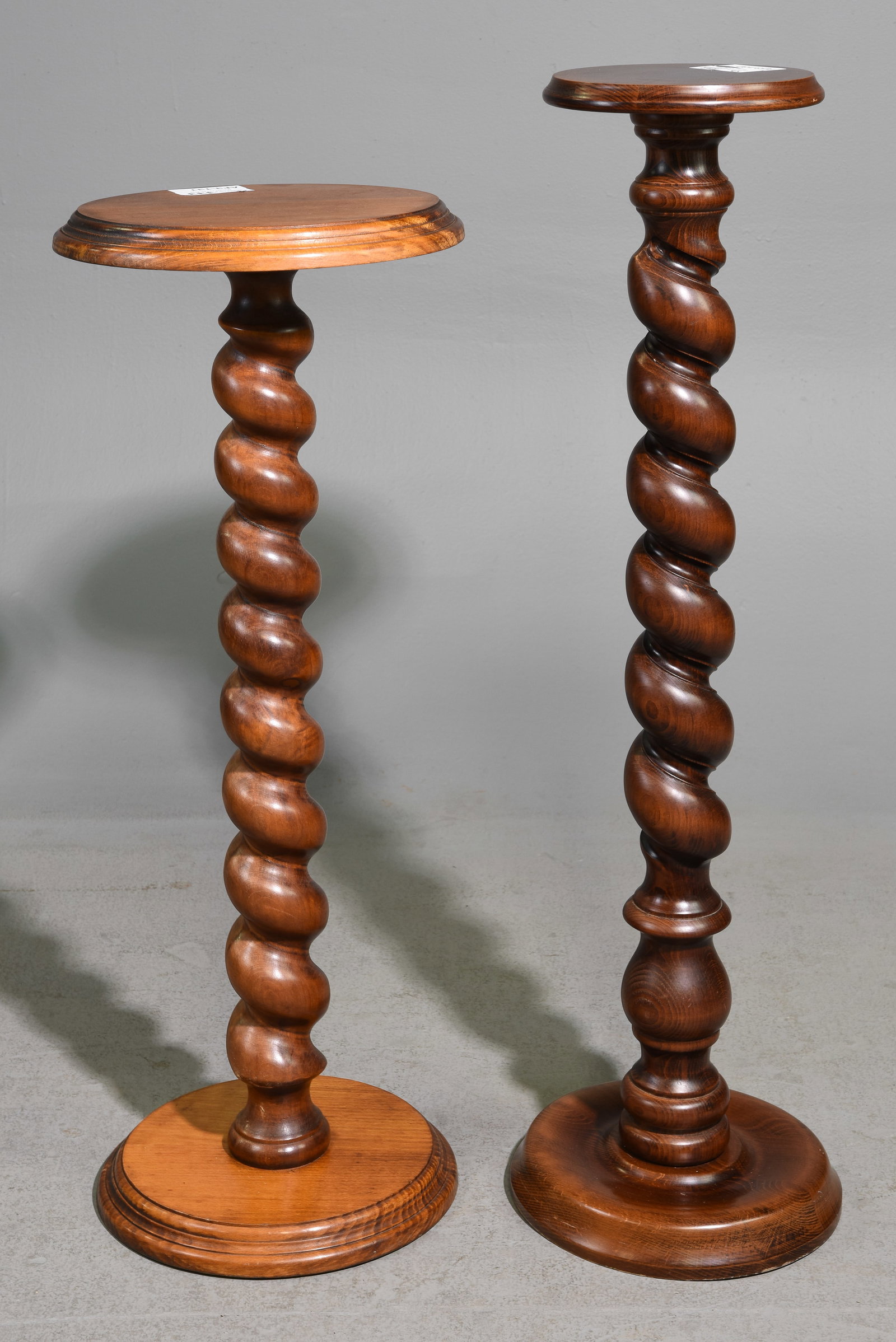 2 Louis XIII Style French Twist Plant Stands: 2 French Louis XIII Style French Twist Plant Stands / Pedestals - 40 in tall x 10 inch diameter and 35.5 in tall x 14 inch diameter