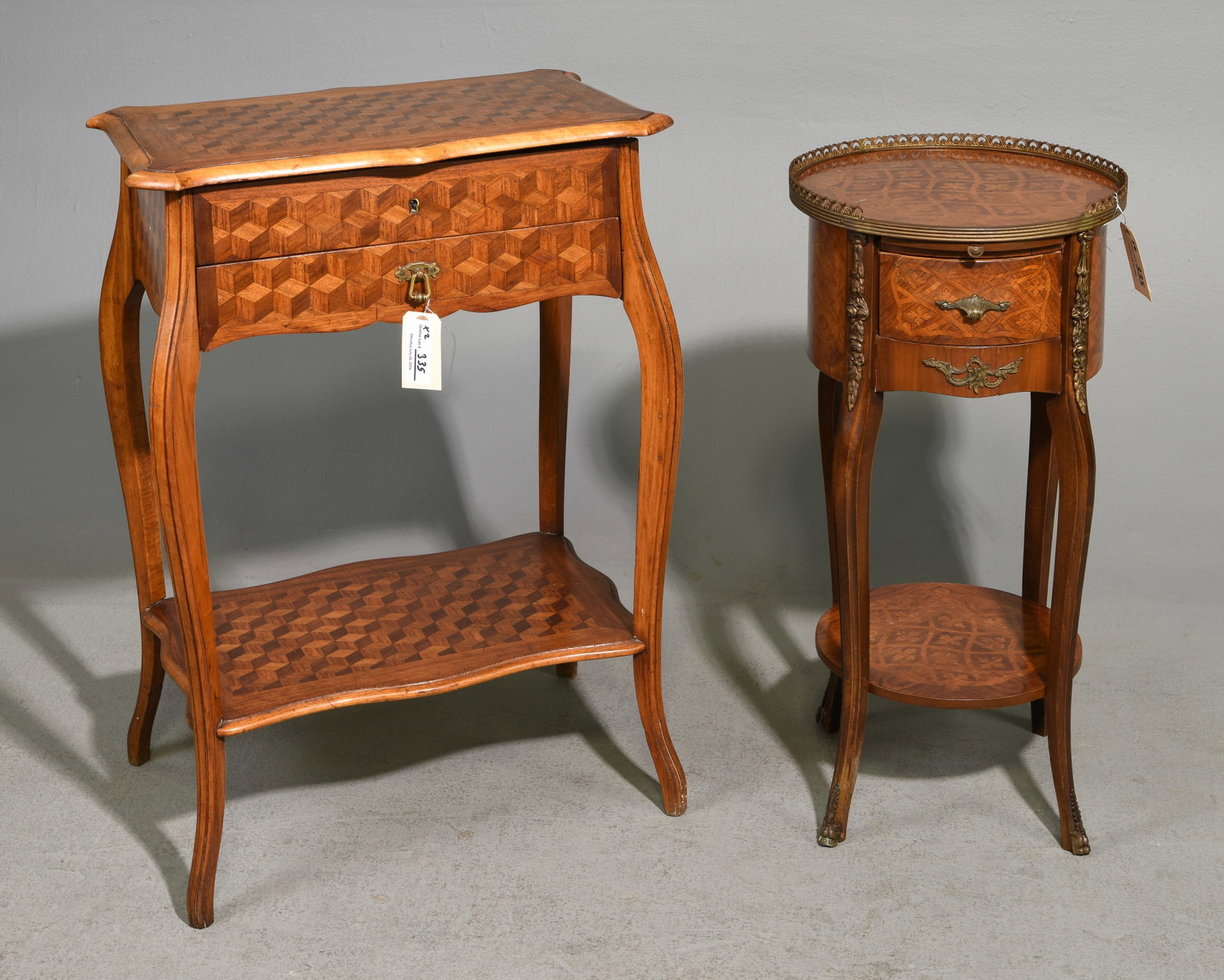 Louis XV Style Round Nightstand & Sewing Table: French Louis XV Style Round Nightstand & Sewing Table - 29.5 in tall x 22 x 15.5 and 26.5 in tall x 13.5 inch diameter
