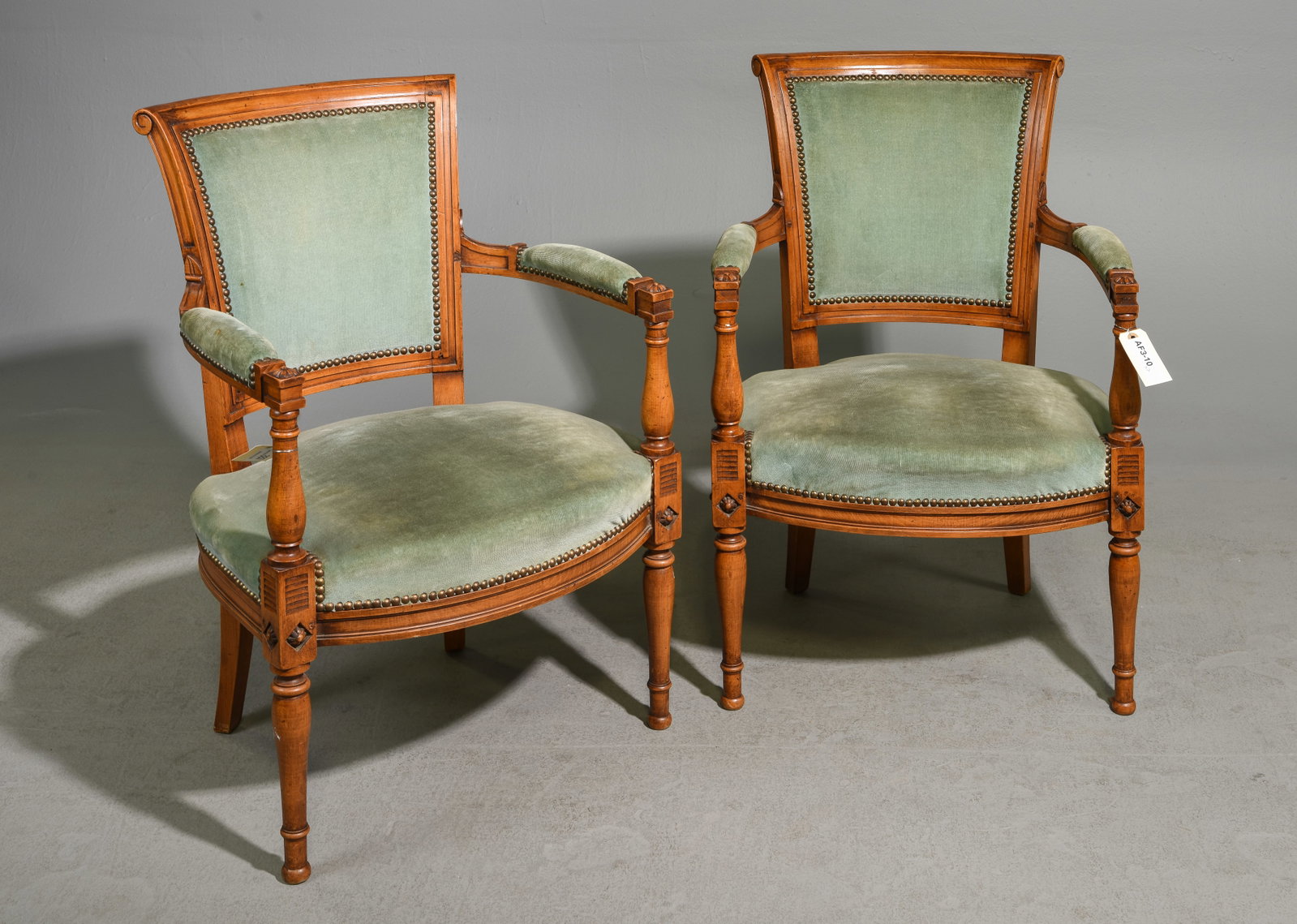 Louis XVI Style Pair of Upholstered Walnut Chairs: French Louis XVI Style Pair of Upholstered Walnut Chairs - 32.25 in tall x 22.25 x 23 each with a seat height of 16 inches