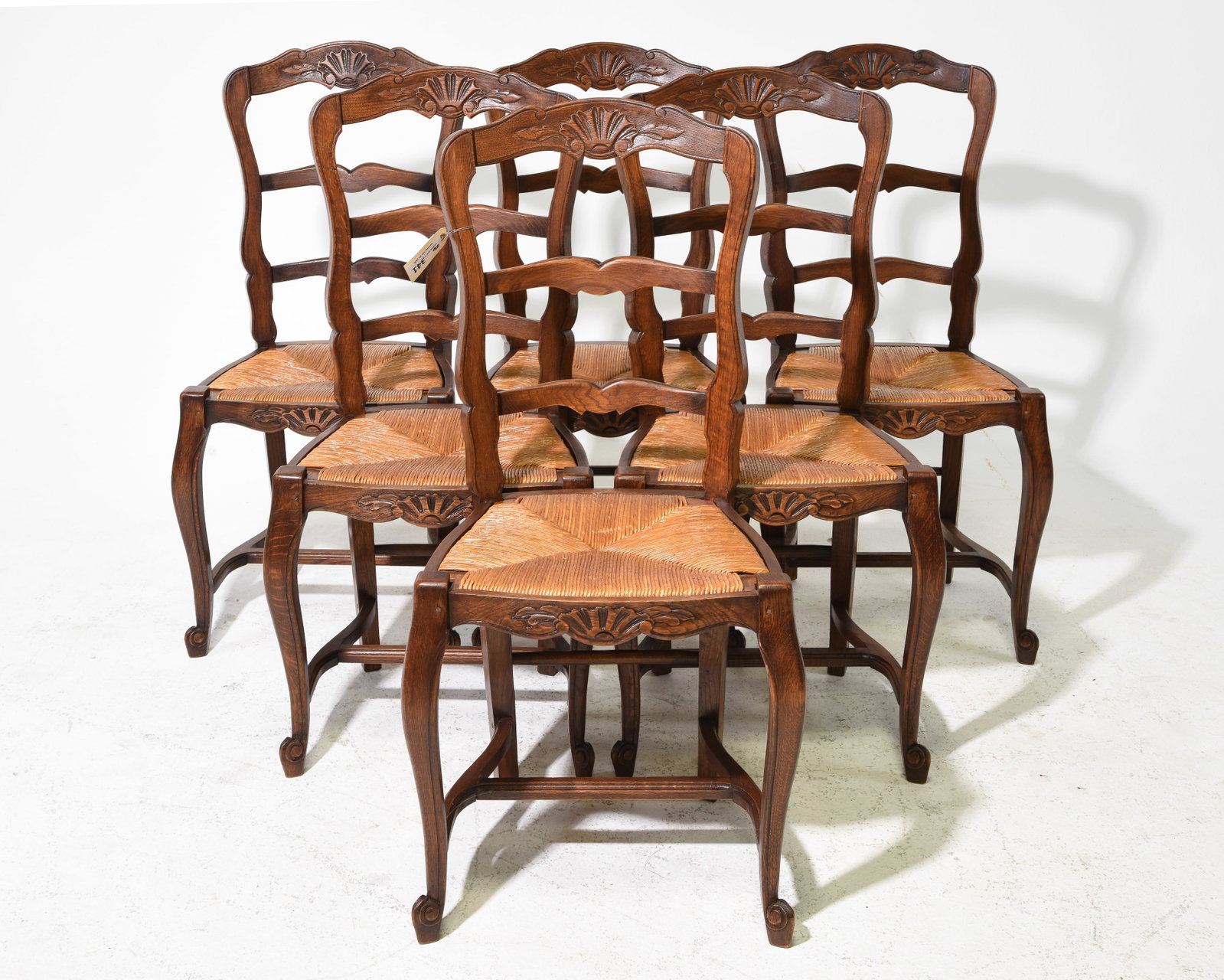 Louis XV Style Set of 6 Oak Rush Seat Chairs: French Louis XV Style Set of 6 Oak Rush Seat Chairs - 38.75 in tall x 18.75 x 18.5 each with a seat height of 18 inches each