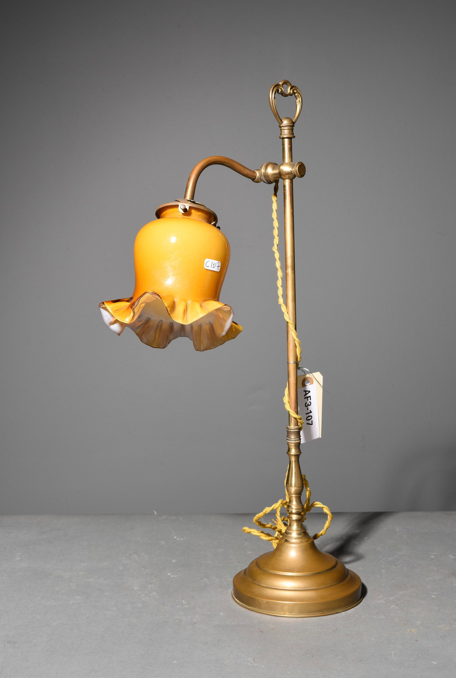 French Brass Desk Lamp with Ruffled Glass Shade: French Brass Desk Lamp with Ruffled Glass Shade - 21.5 in tall x 11 x 6