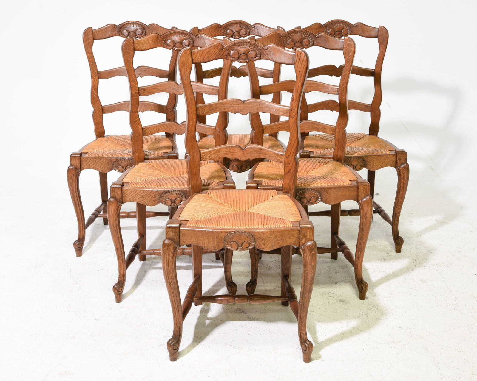 Louis XV Style Set of 6 Oak Rush Seat Chairs: French Louis XV Style Set of 6 Oak Rush Seat Chairs - 38.5 in tall x 19 x 17 each with a seat height of 18 inches