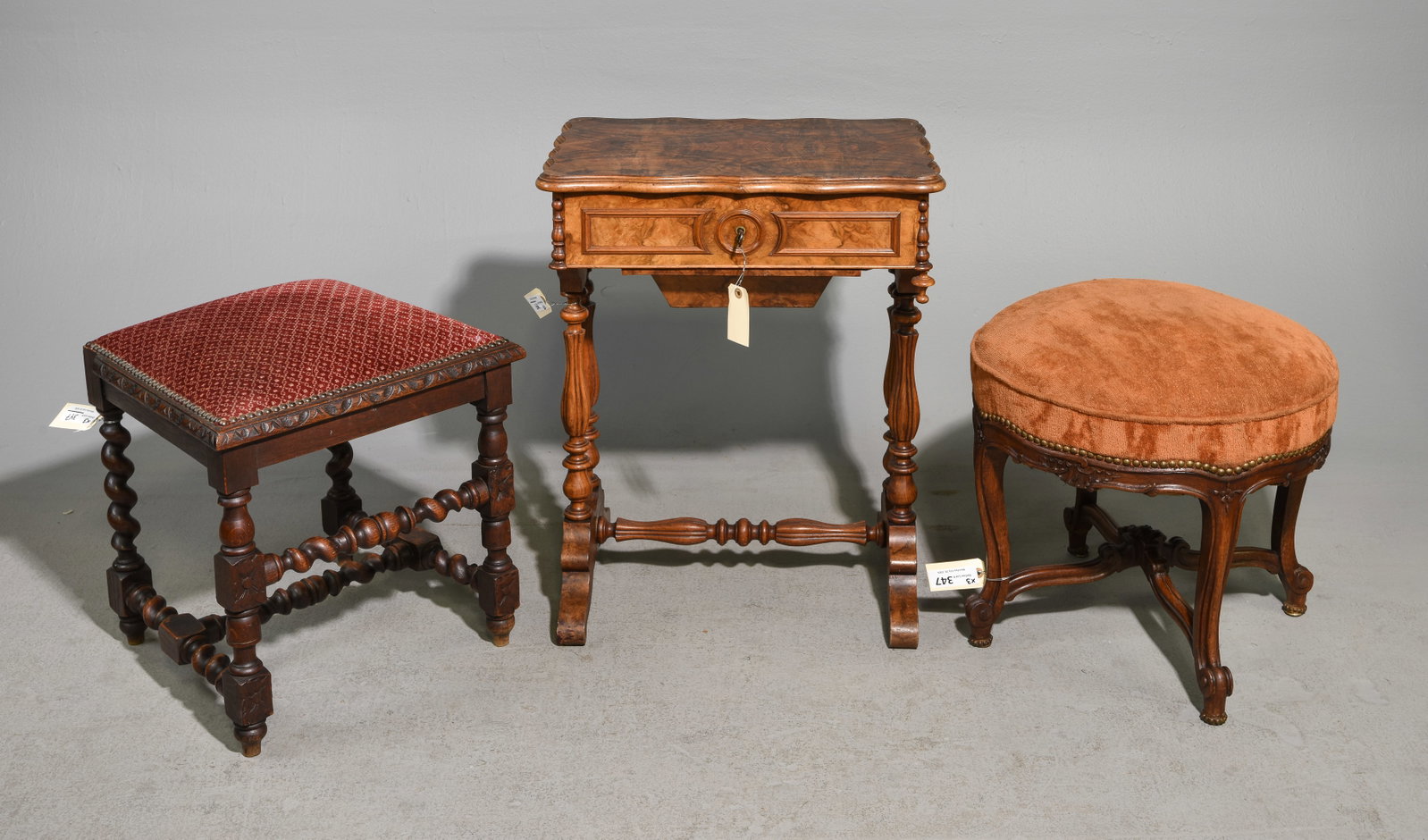 3pcs - French Walnut Sewing Table & 2 Stools (1 of 6)