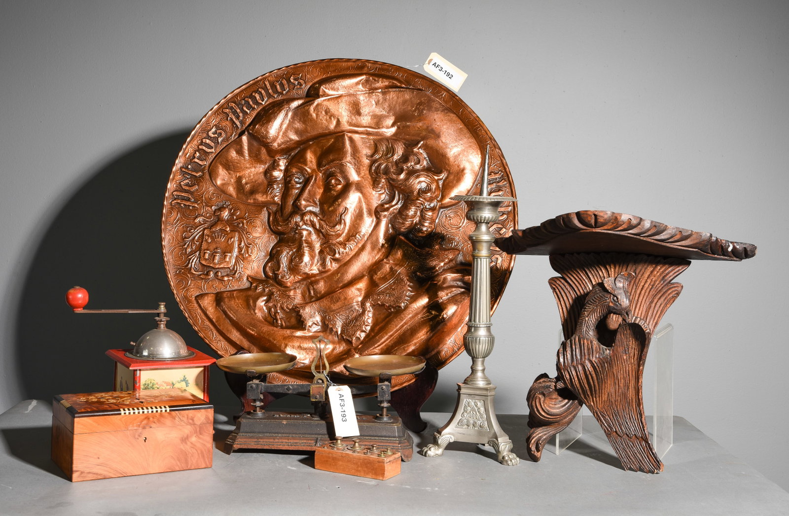 6pcs - French Embossed Copper Plaque, Scale, Etc.: 6pcs - French Embossed Copper Plaque, Scale, Etc. - The charger / plaque is 25 inches in diameter by 2 inches deep, The Shelf is 14 in tall x 16 x 7.75