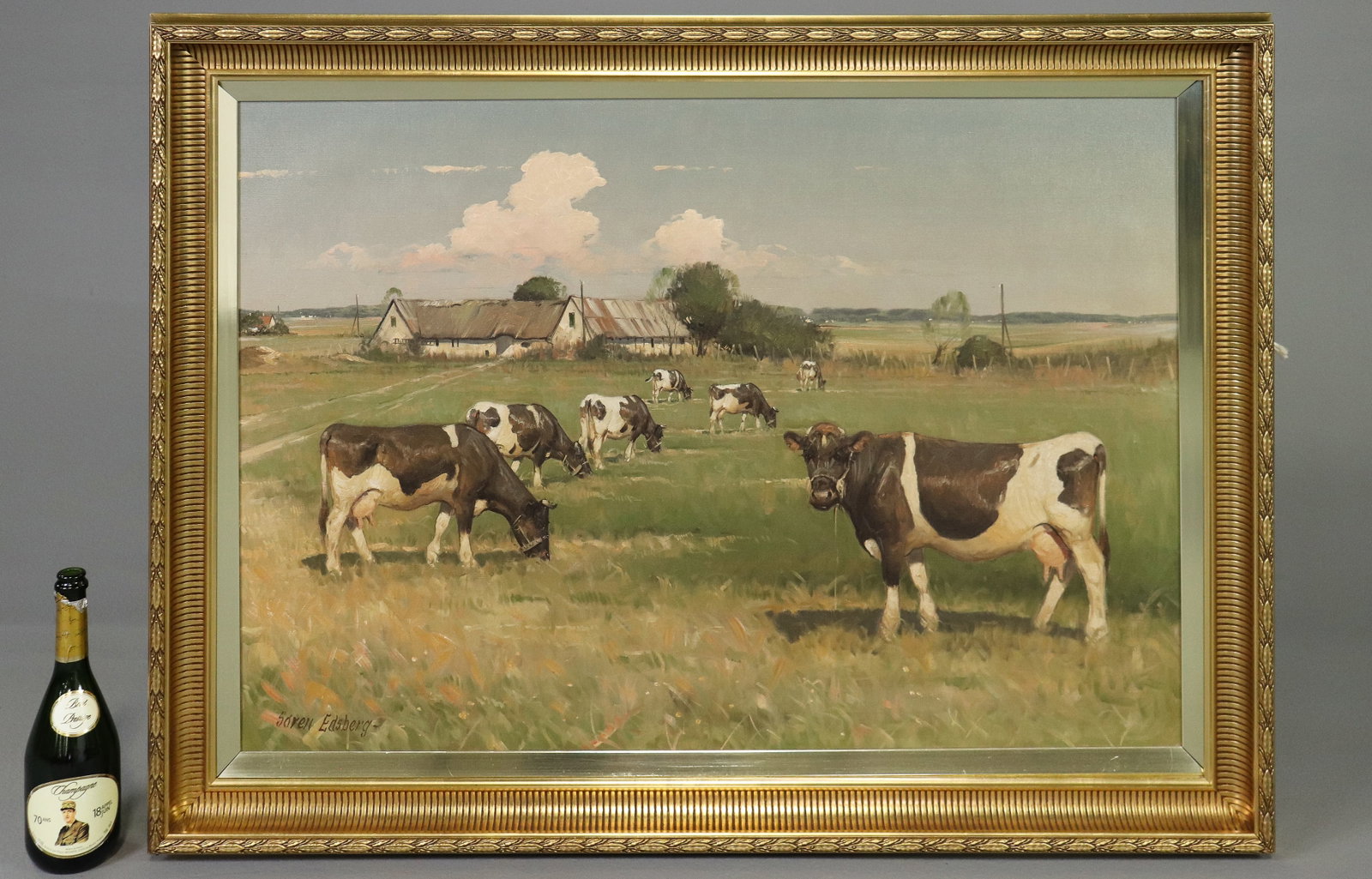Gold Framed Oil on Canvas Farmstead with Cows (1 of 5)