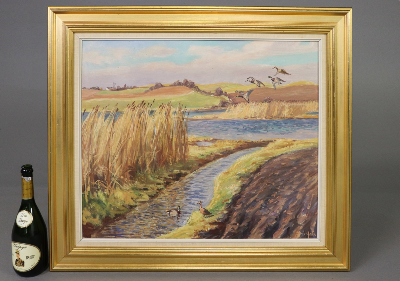 Danish Gold Framed Oil on Canvas Ducks in Flight: Danish Gold Framed Oil on Canvas Landscape with Ducks in Flight - 29.5 in tall x 33 x 2, The work itself is 22 x 26